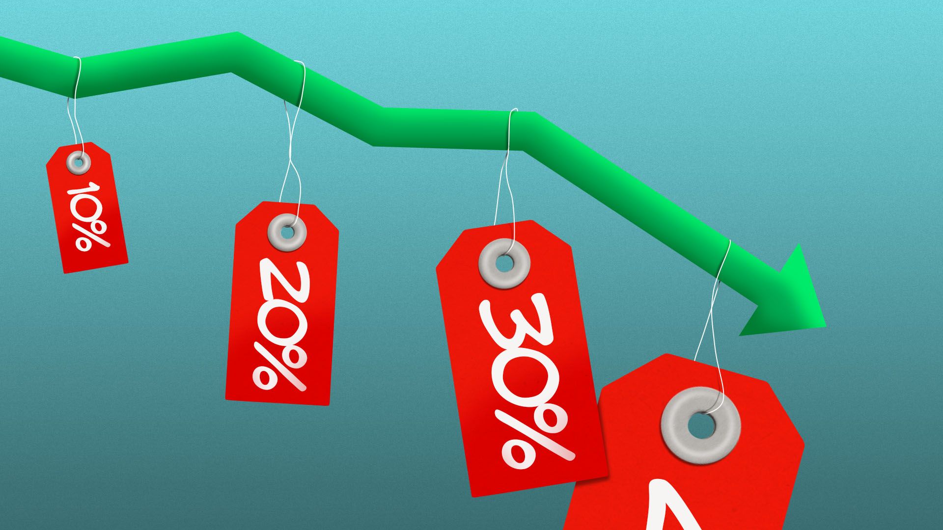 Illustration of a green downward arrow with red sale tags labeled 10%, 20%, 30%, and partially visible 40%, against blue background, symbolizing increasing discounts.