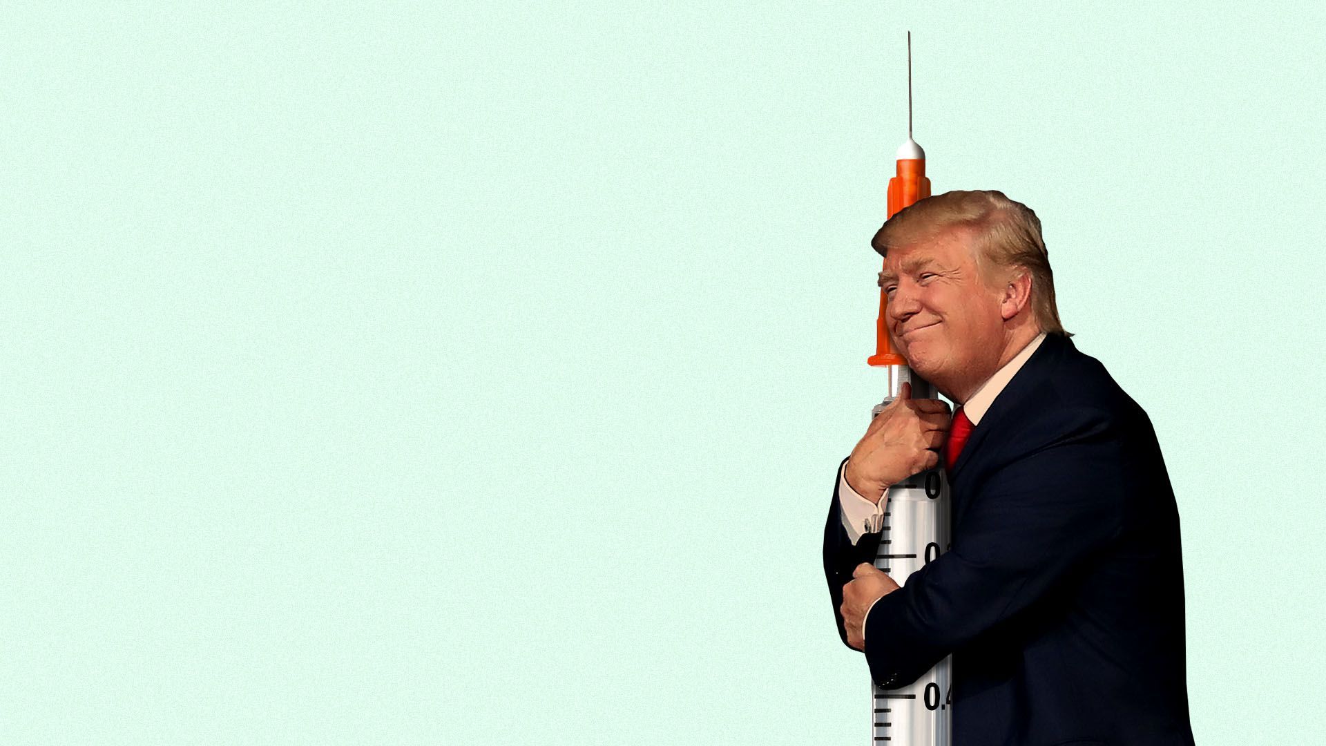 Illustration of President Donald Trump hugging a syringe