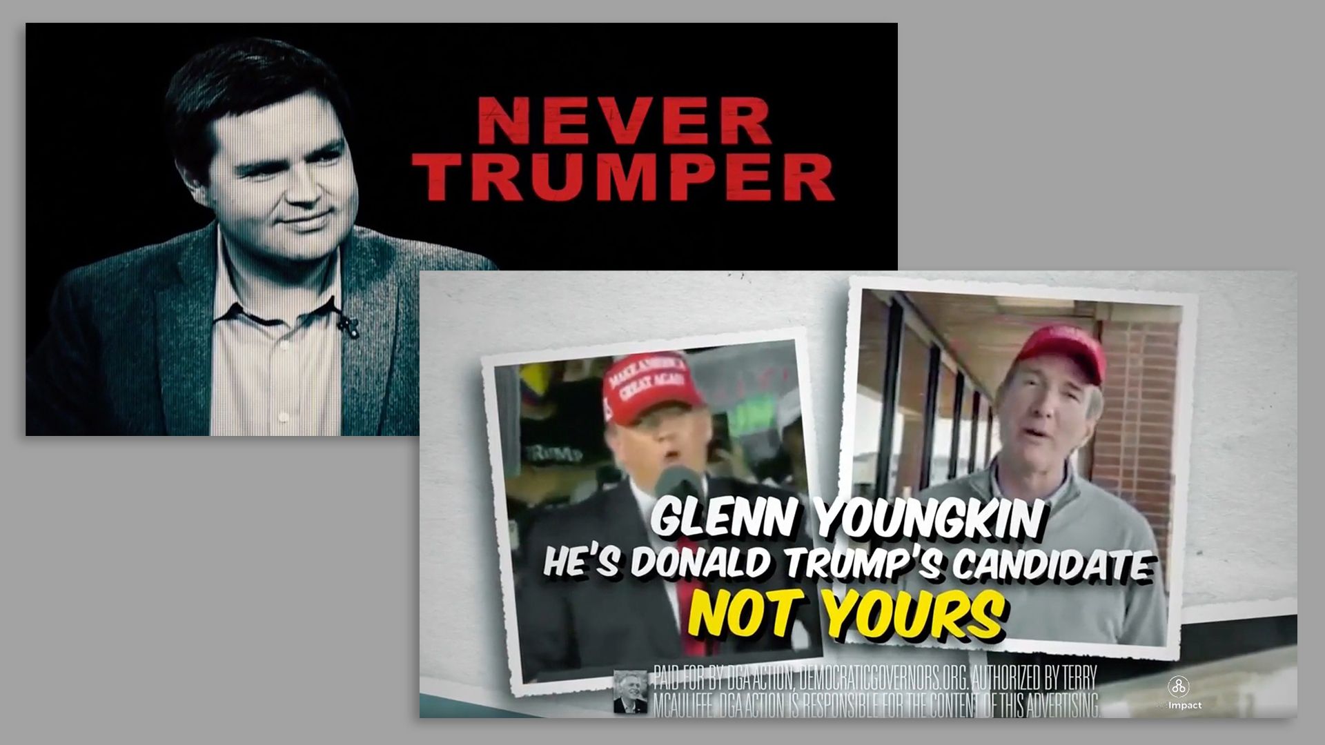 Ads from both parties featuring Donald Trump are seen in a photo illustration.