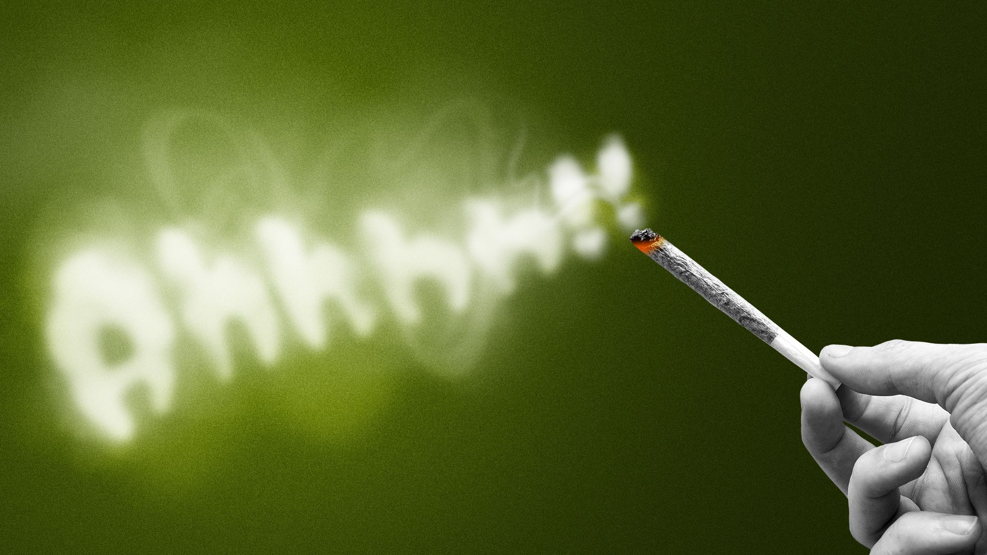 Illustration of a hand holding a joint with the smoke spelling out the word "Ahhhh!!"