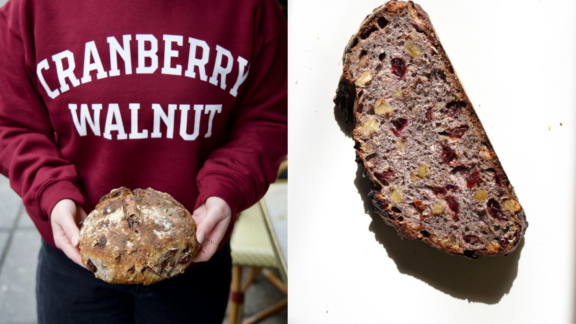 Two-panel image: left shows a person in a maroon sweatshirt holding a round cranberry-walnut loaf; right shows a diagonal slice on white background revealing dense crumb with cranberries and nuts.