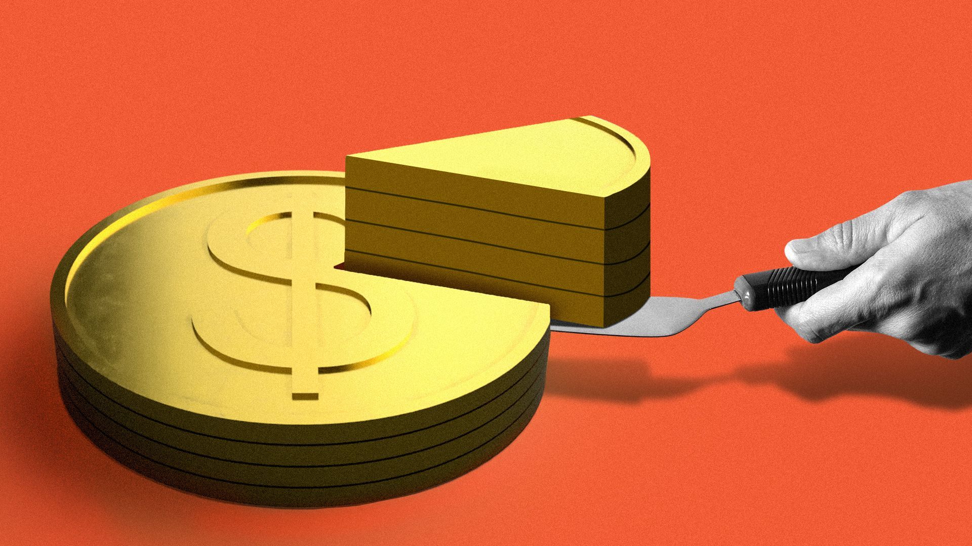 Illustration of a slice of a cake made of gold coins.