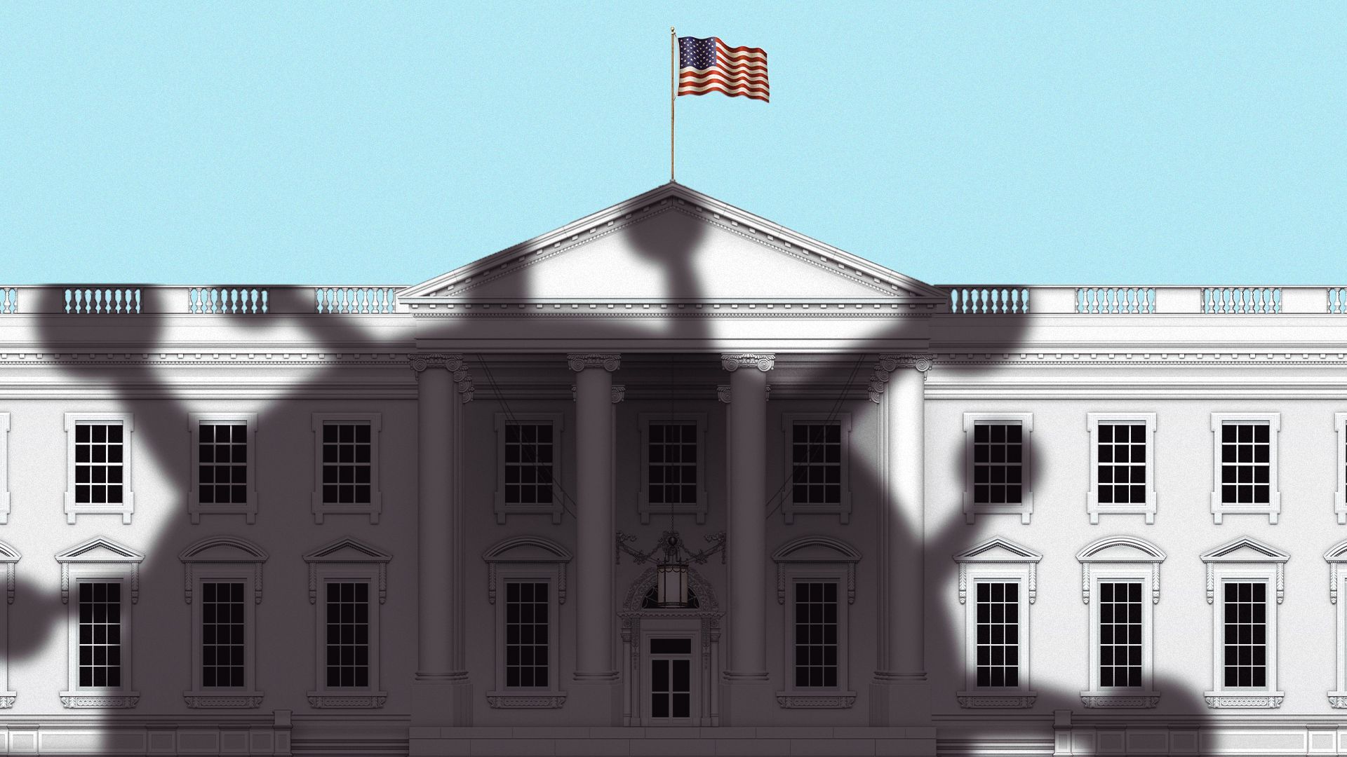 Illustration of the White House with a large, imposing shadow of a Covid virus cell.