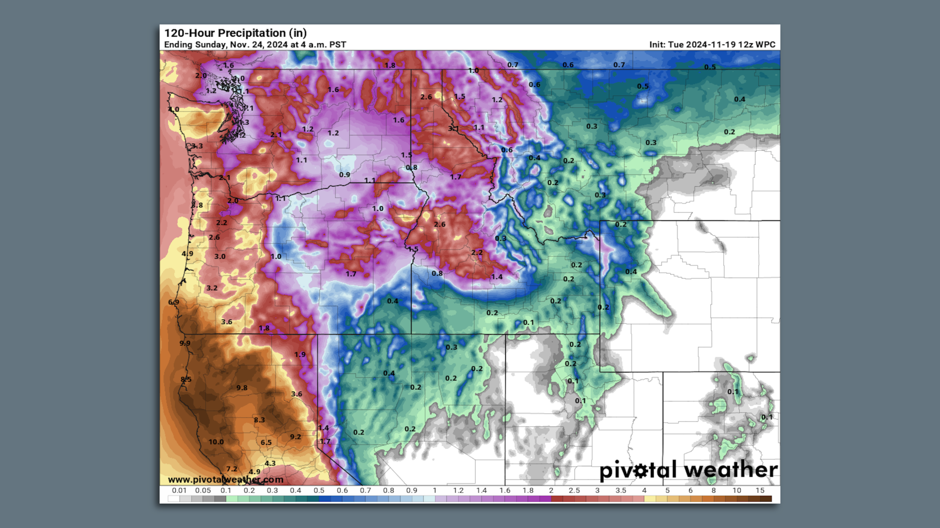 Map showing precipitation totals along the West Coast and Pacific Northwest from a bomb cyclone.