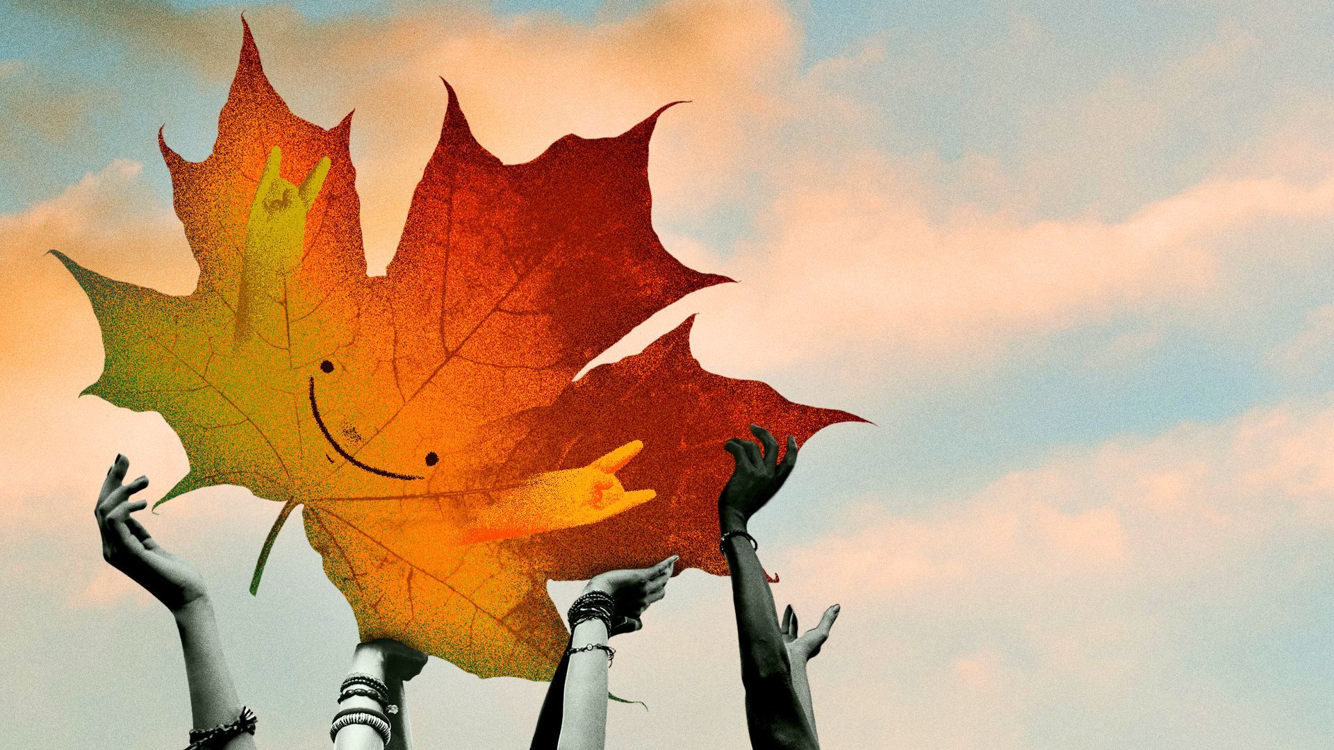 Illustration of a fall leaf crowd-surfing.