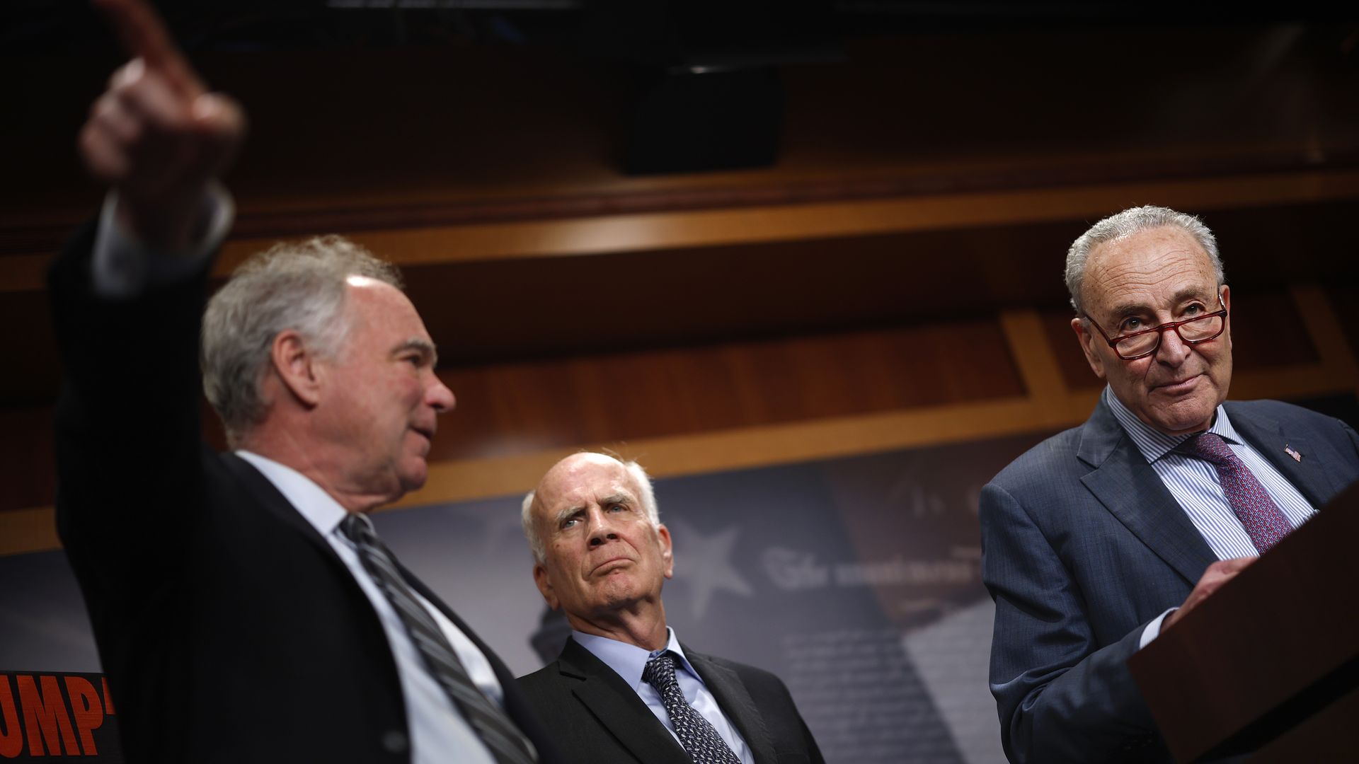 U.S. Senate Minority Leader Charles Schumer (D-NY) (R) speaks alongside Sen. Tim Kaine (D-VA) (L) and Sen. Peter Welch (D-VT) at a press conference at the U.S. Capitol on April 02, 2025 in Washington, DC. Democrats spoke out on Trump's plan to implement reciprocal tariffs. 