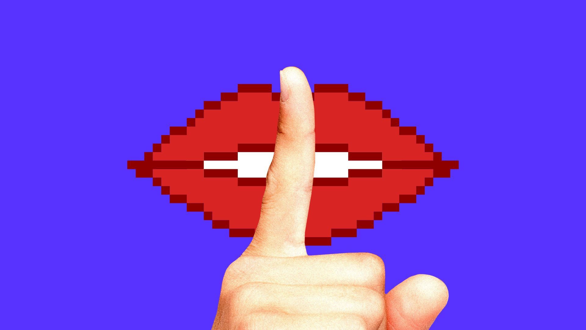 Illustration of hand shushing pixelated mouth