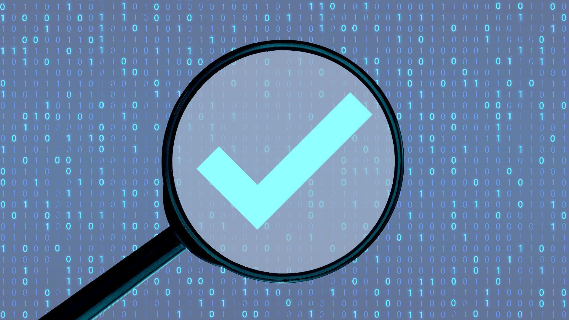 Illustration of magnifying glass over a binary background that reveals a checkmark