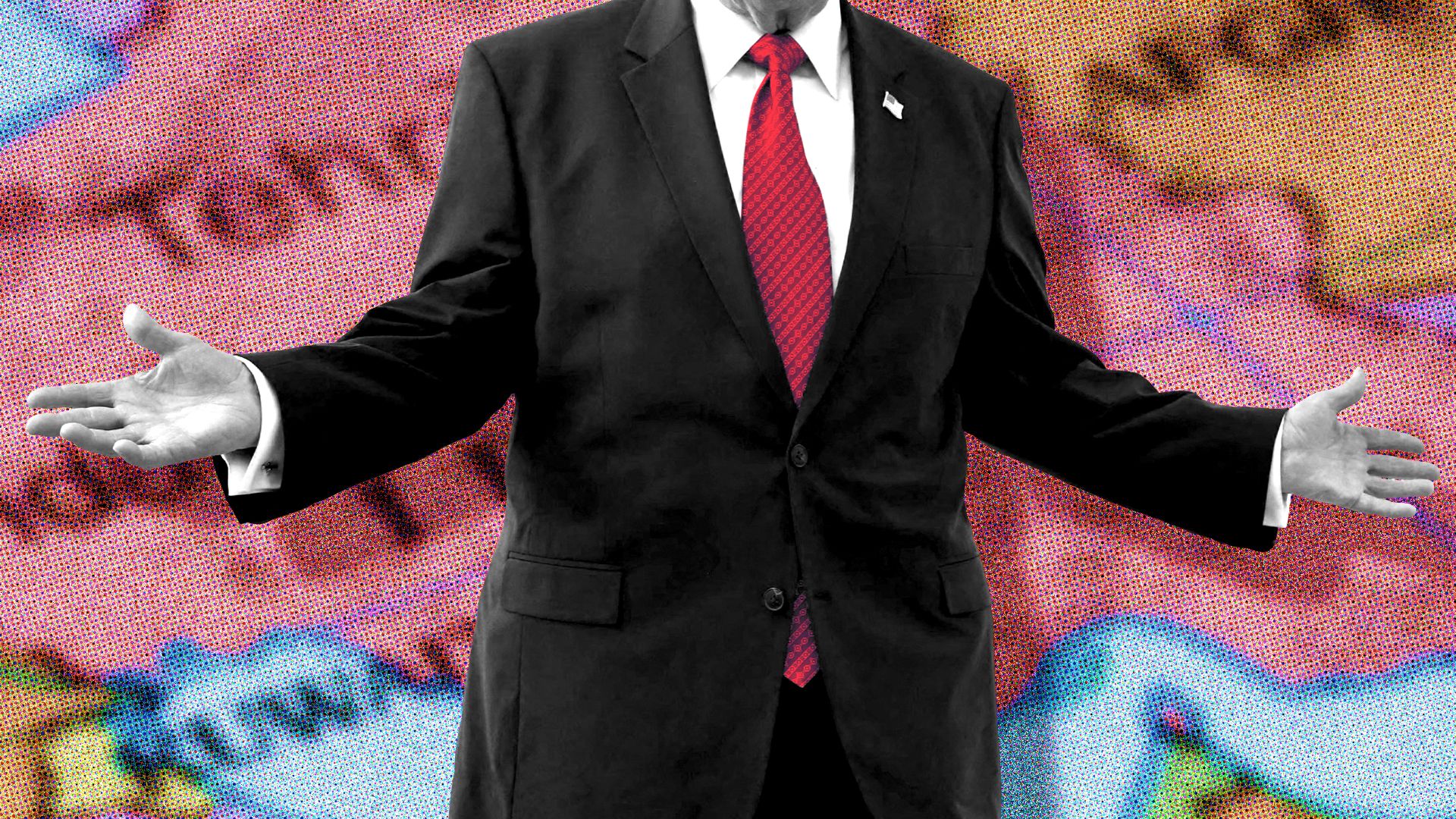 Photo illustration of Donald Trump, cropped so only his torso is showing, shrugging in front of a map of Iran.