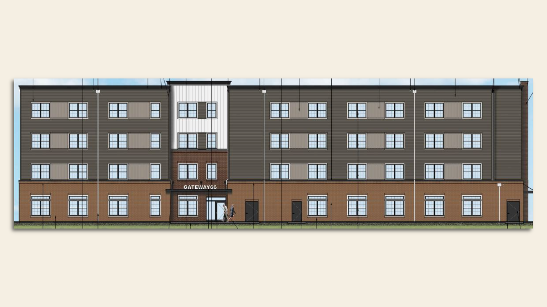 Rendering of a four-story brown apartment building