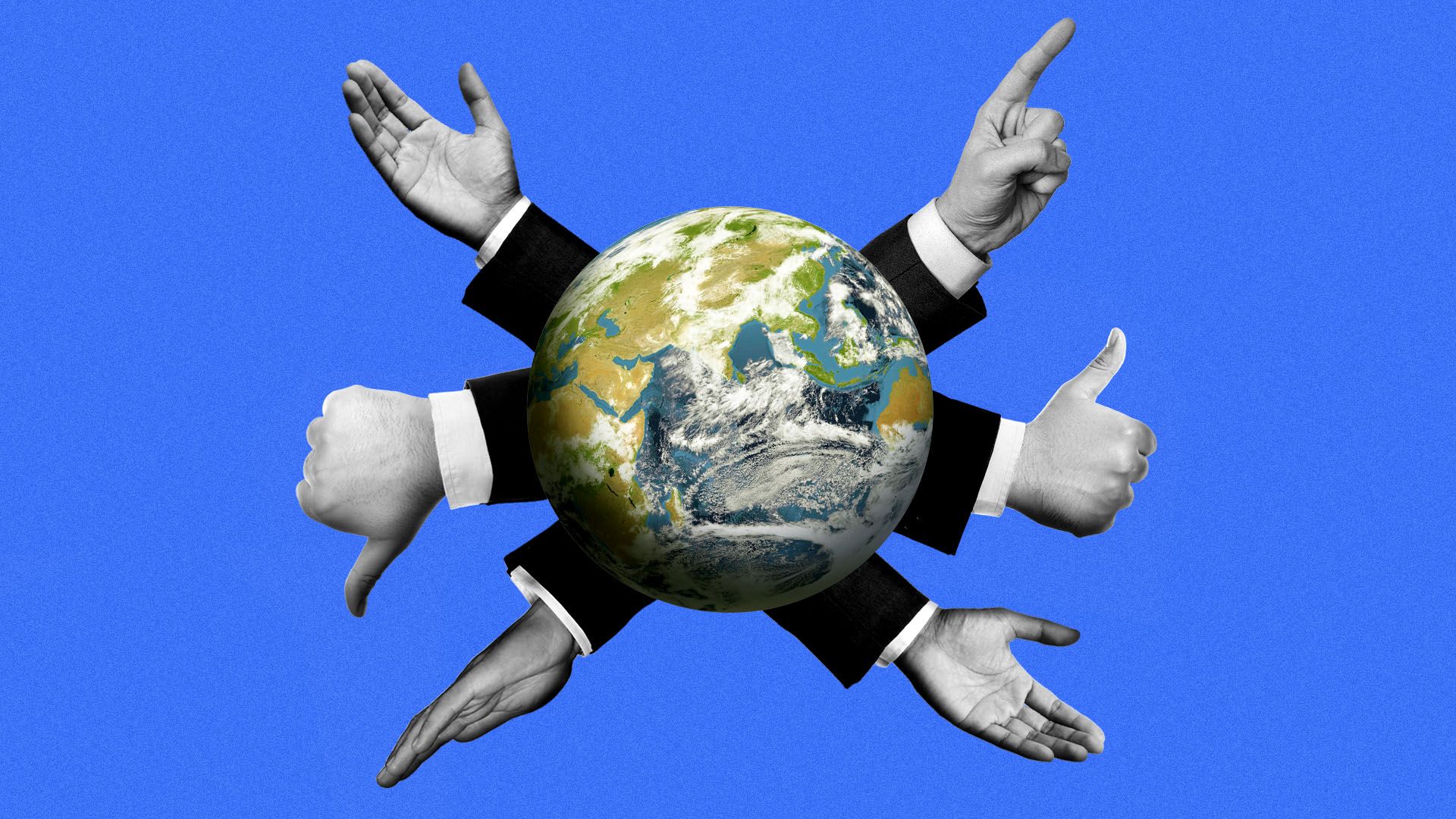 Illustration of a globe with multiple hands pointing out from behind it making different signs