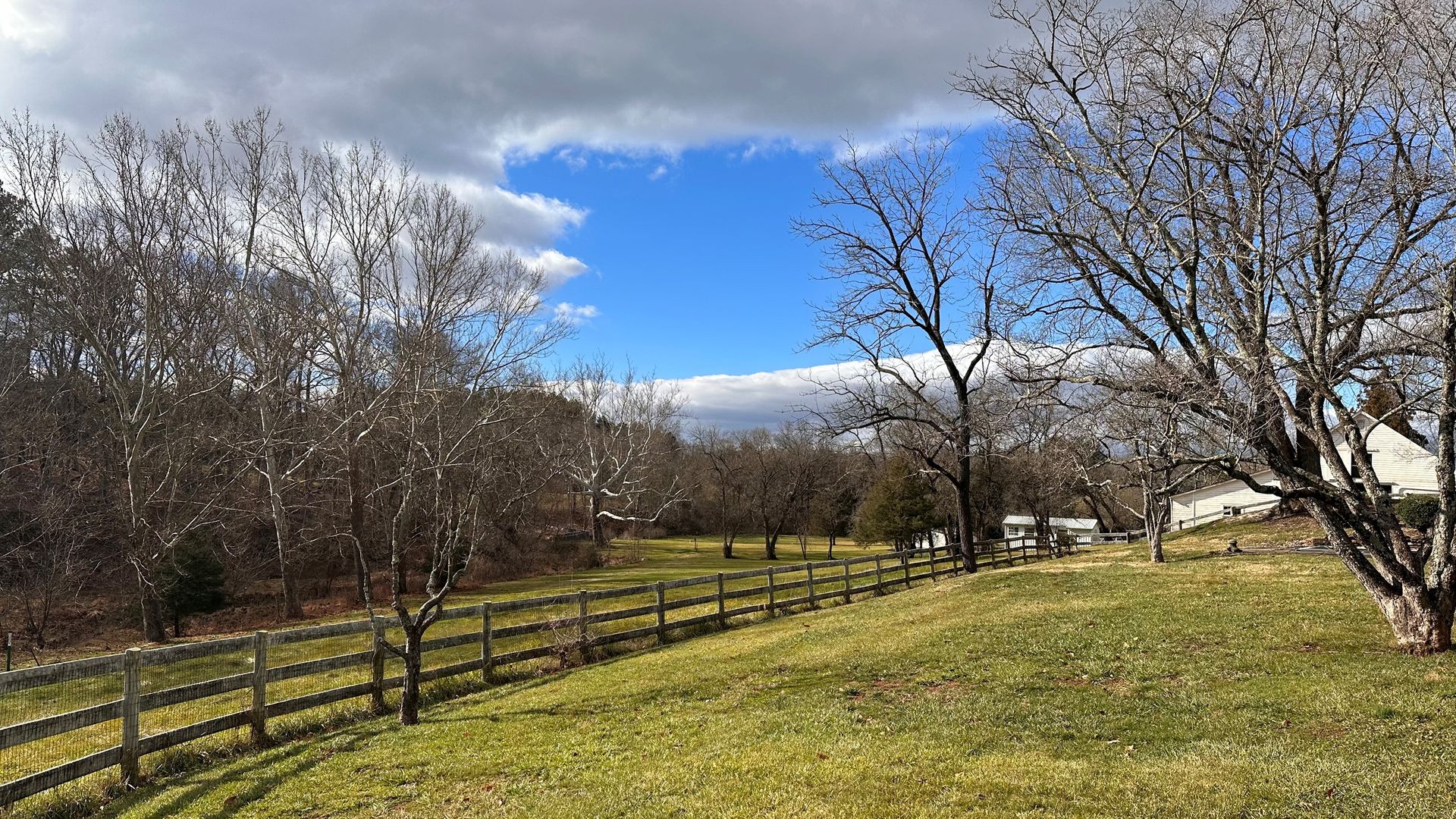 An image of a stretch of grass bordered by a wooden fence and trees, with a blue sky in the background.