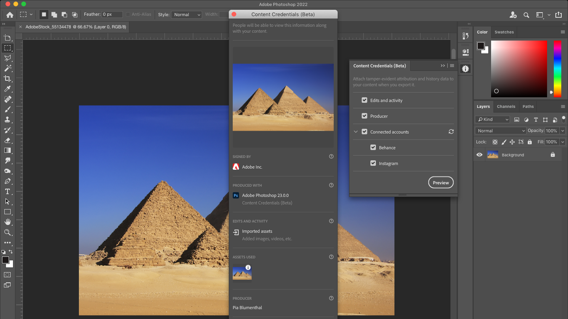 A screenshot of Photoshop with content authenticity technology added