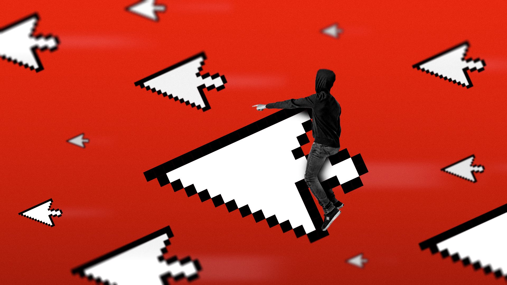 Illustration of a hacker wearing a hoodie riding a cursor and controlling an army of other flying cursors in the background.