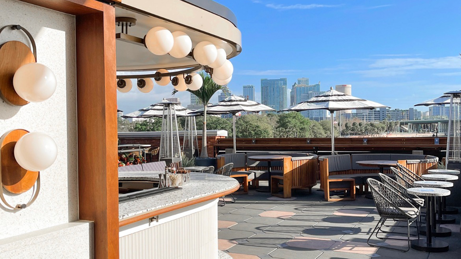 Rooftop bar with wood paneling in front of skyline
