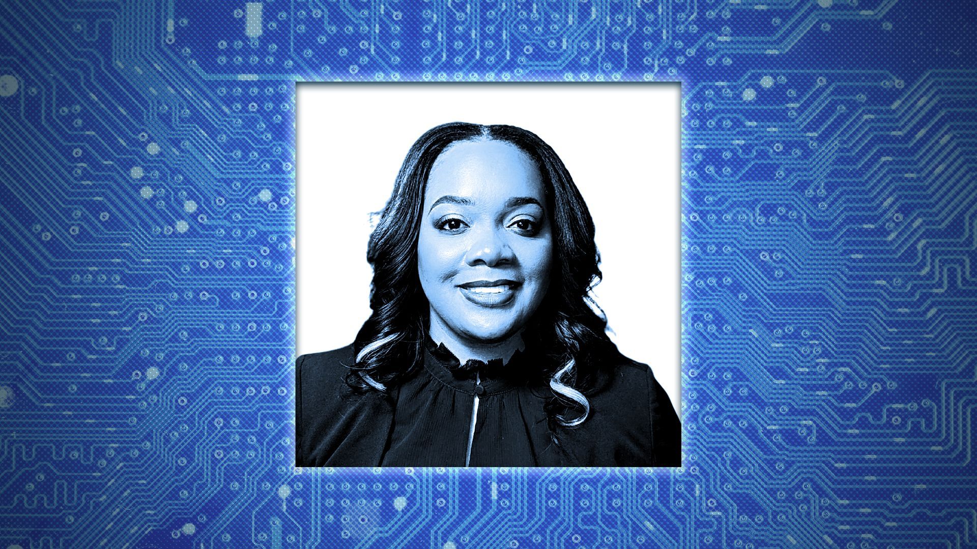 Photo illustration of Francessca Vasquez of Amazon on a circuitboard background