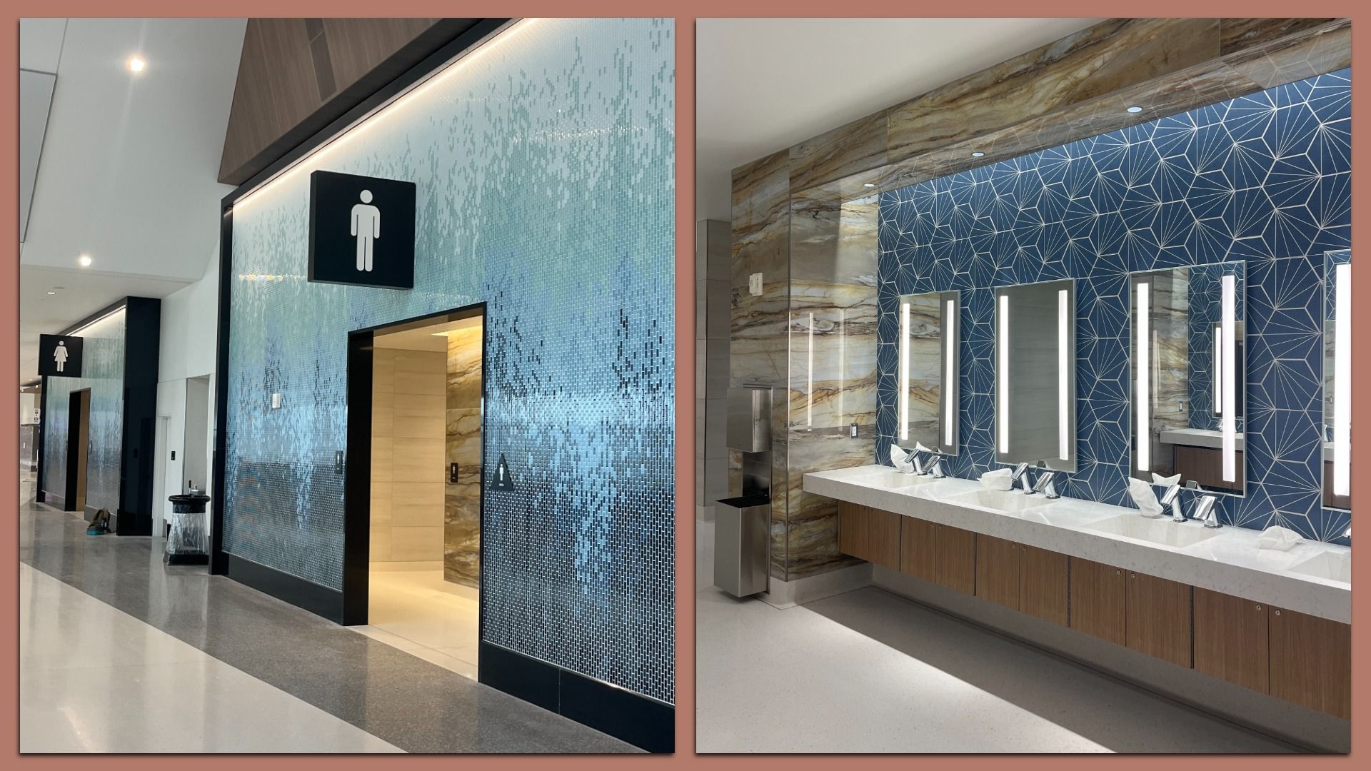 Two photos of a modern restroom: Left shows men's and women's entrances with blue mosaic tiles and black signs. Right shows sinks with mirrors lit by vertical lights, blue geometric wall tiles and marble walls.