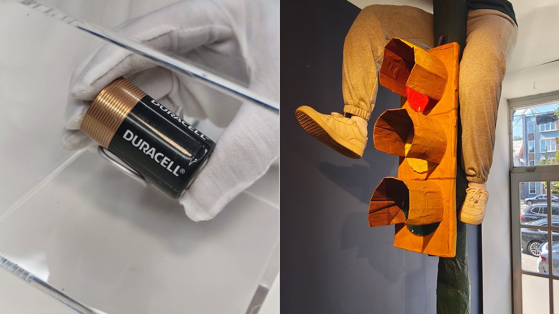 Left: close-up of a Duracell battery held by a gloved hand. Right: a person in beige joggers and sneakers climbs an orange wall with circular holds beside a window.