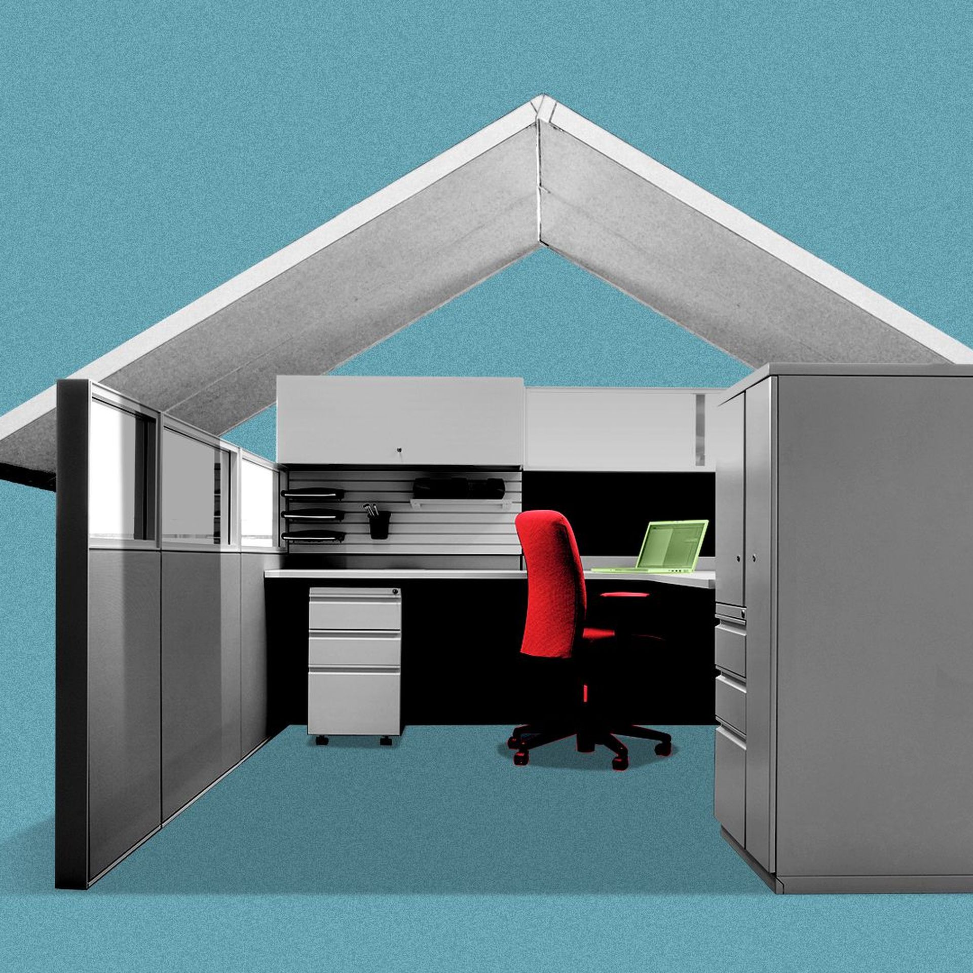 Illustration of an office cubicle with a roof like a house.