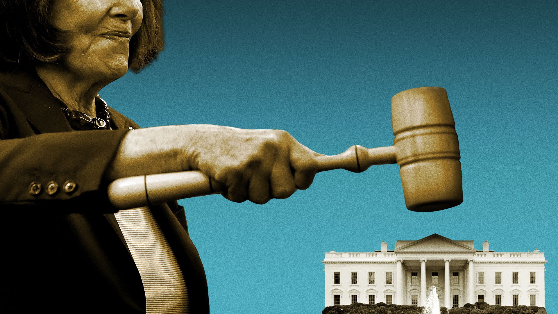 Photo illustration of Nancy Pelosi holding a mallet over the White House.