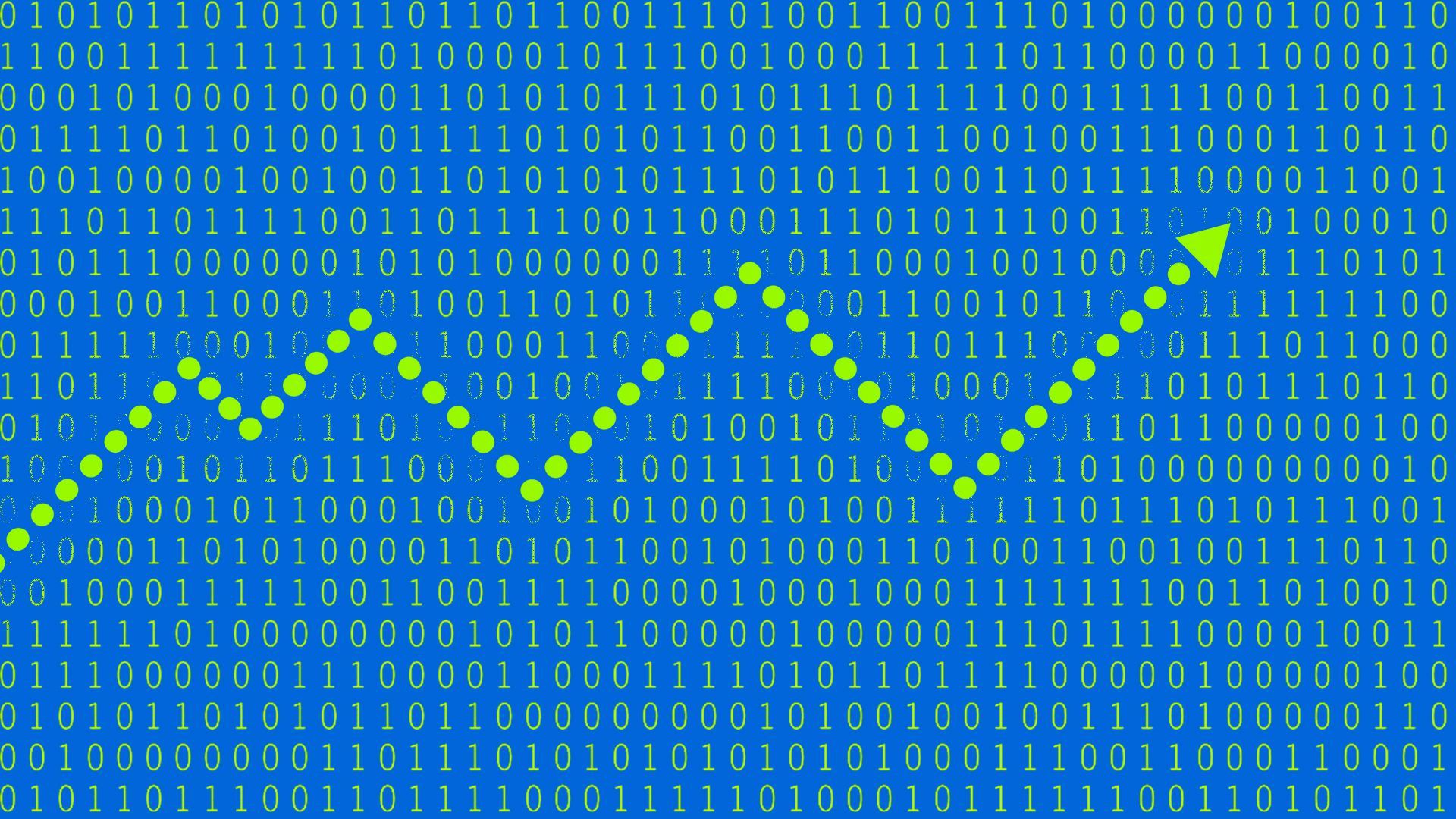 Illustration of an upward trending, dotted stock line over a pattern of binary code.