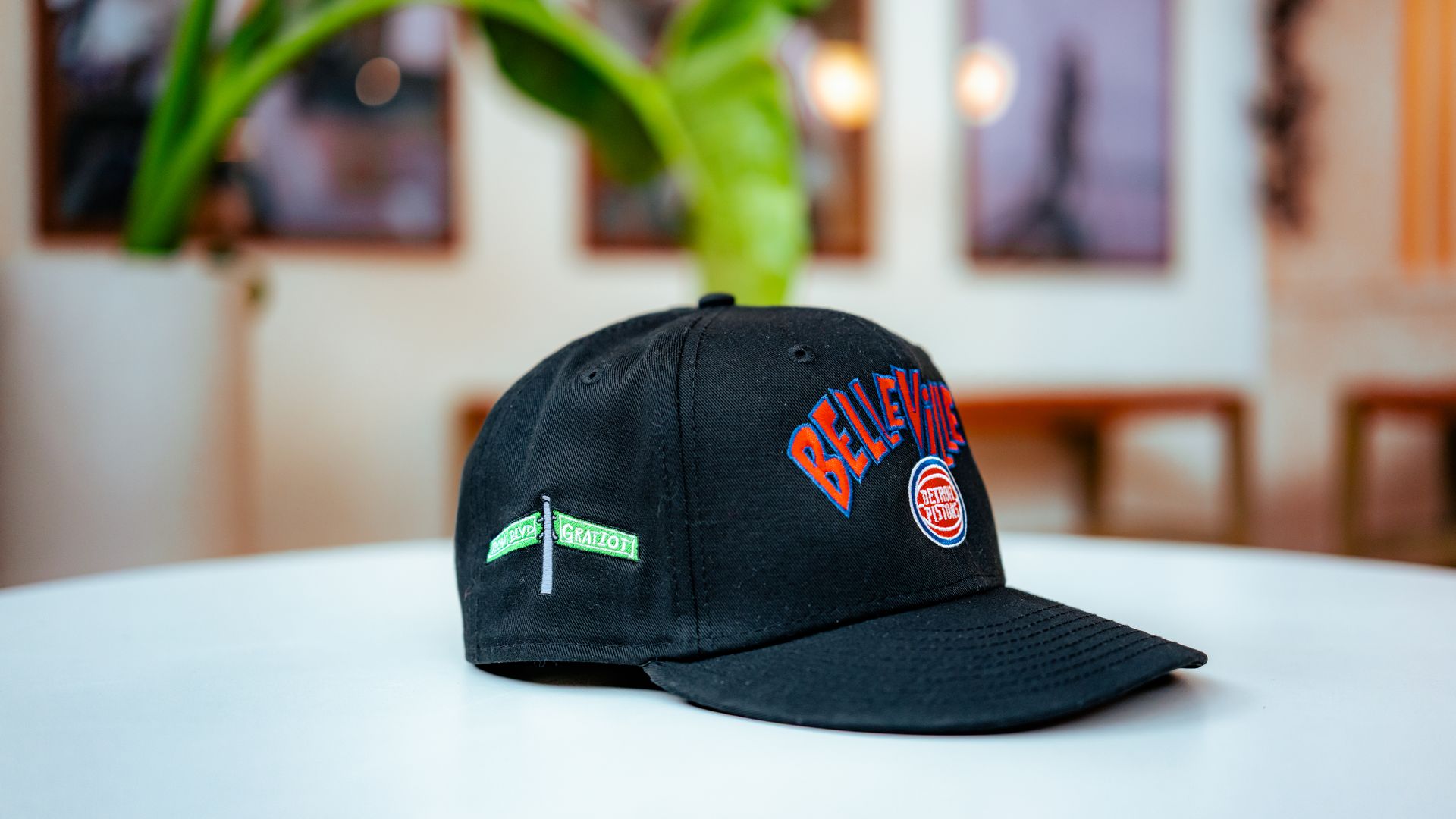 A hat that's part of the new retail collaboration between the Pistons and local techno pioneers, The Belleville Three.