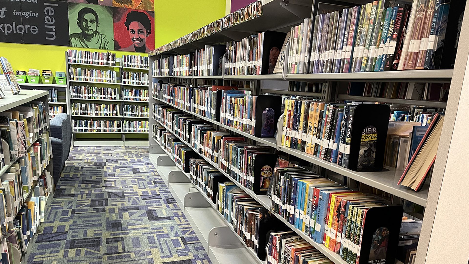 Rows of books at the Plaza Midwood branch of the Charlotte Mecklenburg Library. Photo: Danielle Chemtob/Axios