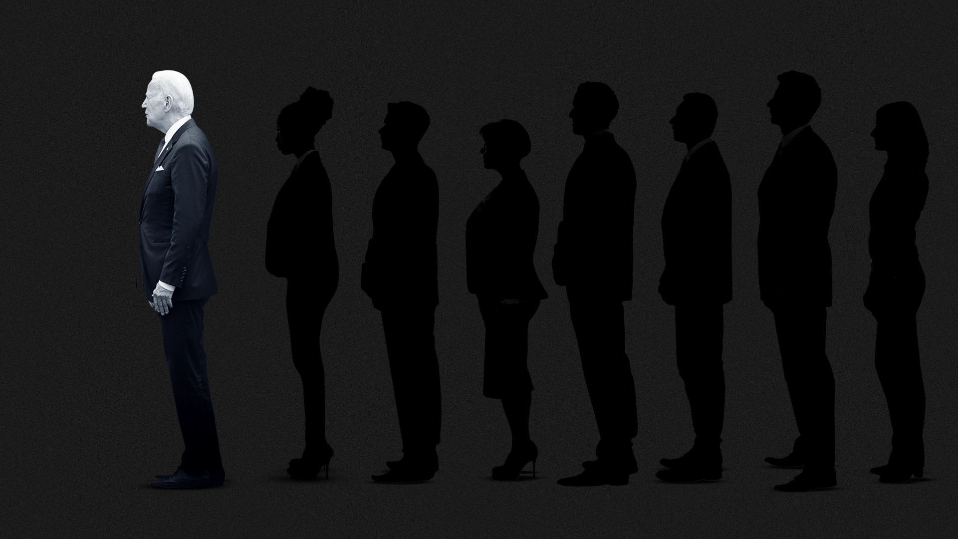 Photo illustration of Joe Biden in front of a long line of faceless people. 