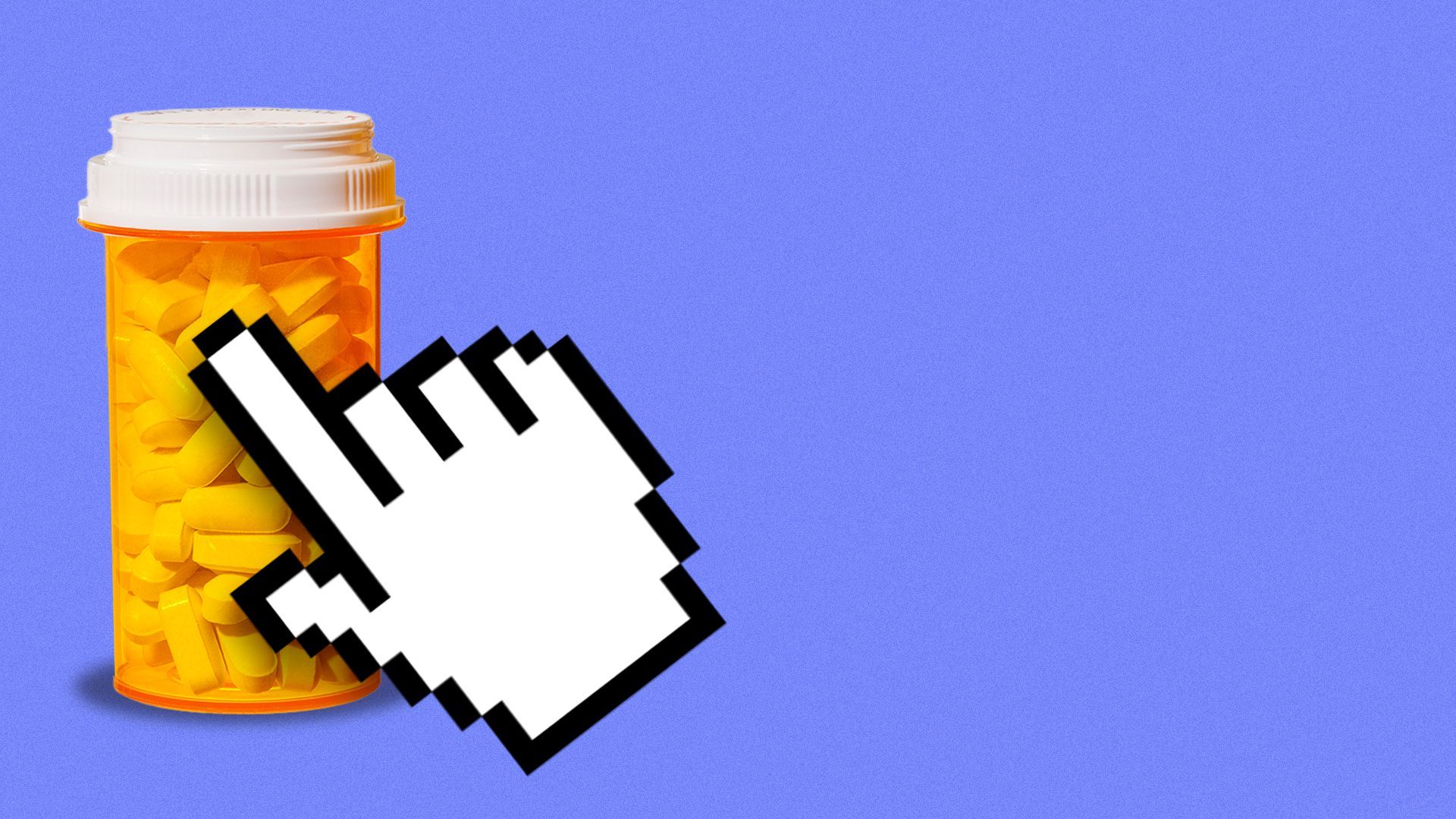 Illustration of a hand cursor pointing at a bottle of prescription pills. 