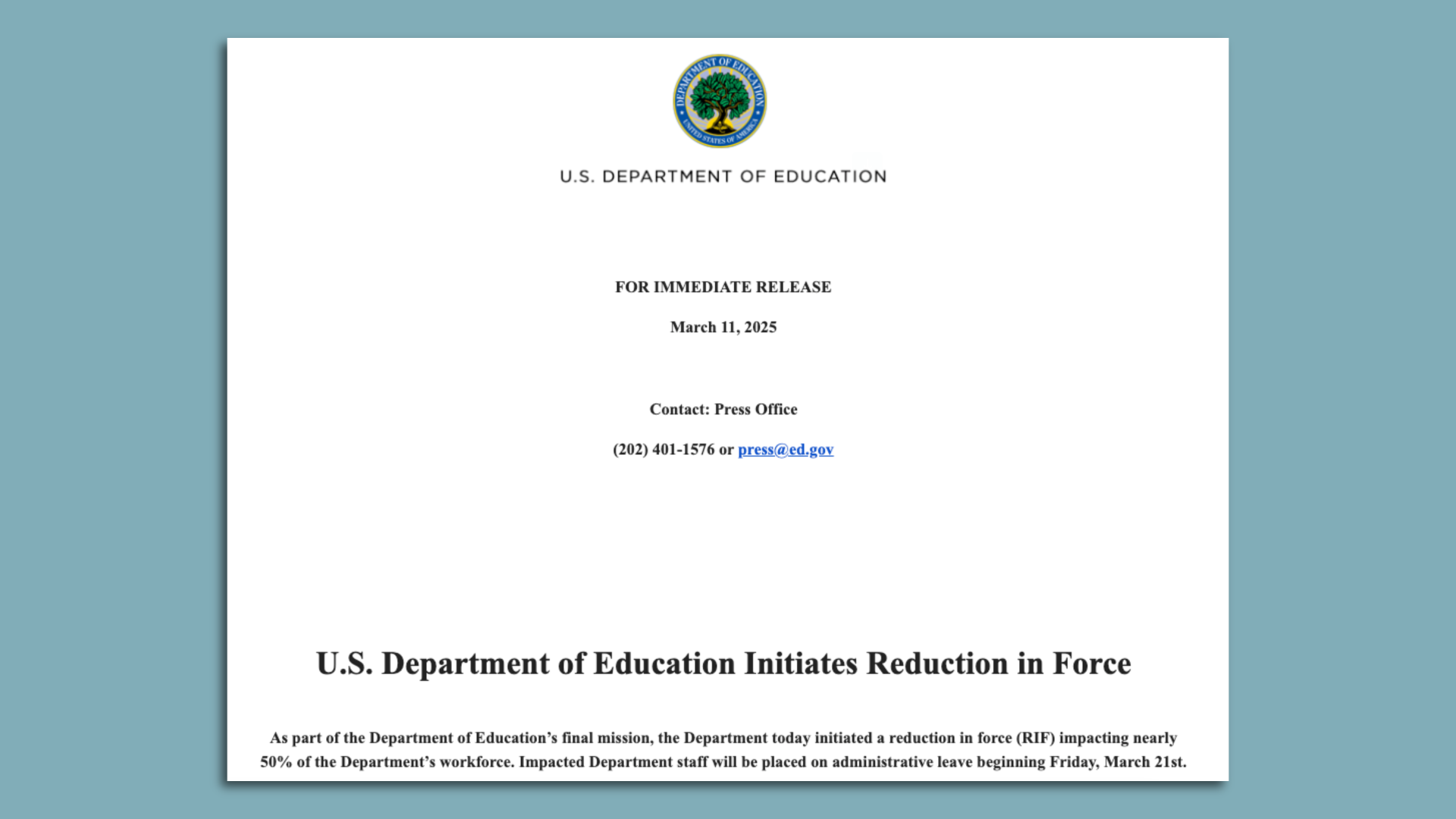 A screenshot of a statement from the Education Department announcing a "reduction in force."