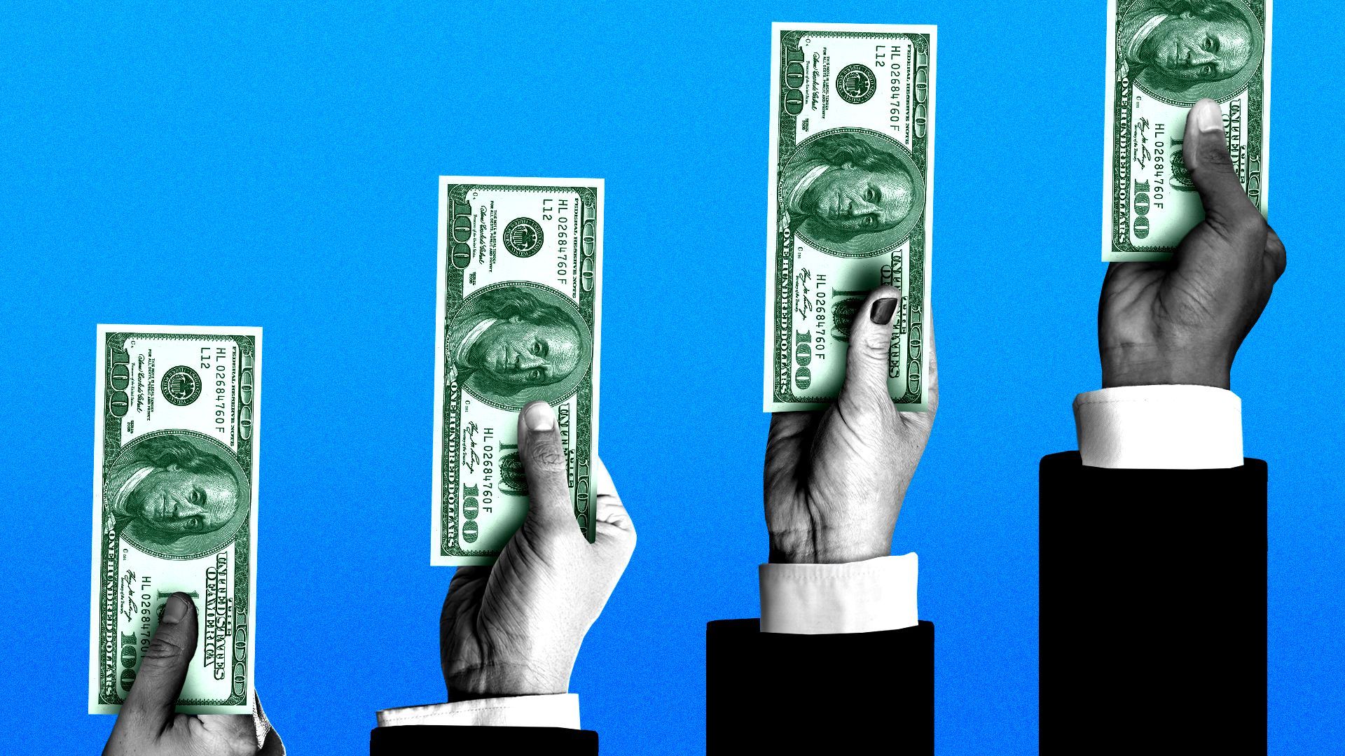 Illustration of hands holding up one hundred dollar bills. Each arm is in a row and getting progressively taller, to indicate growth.