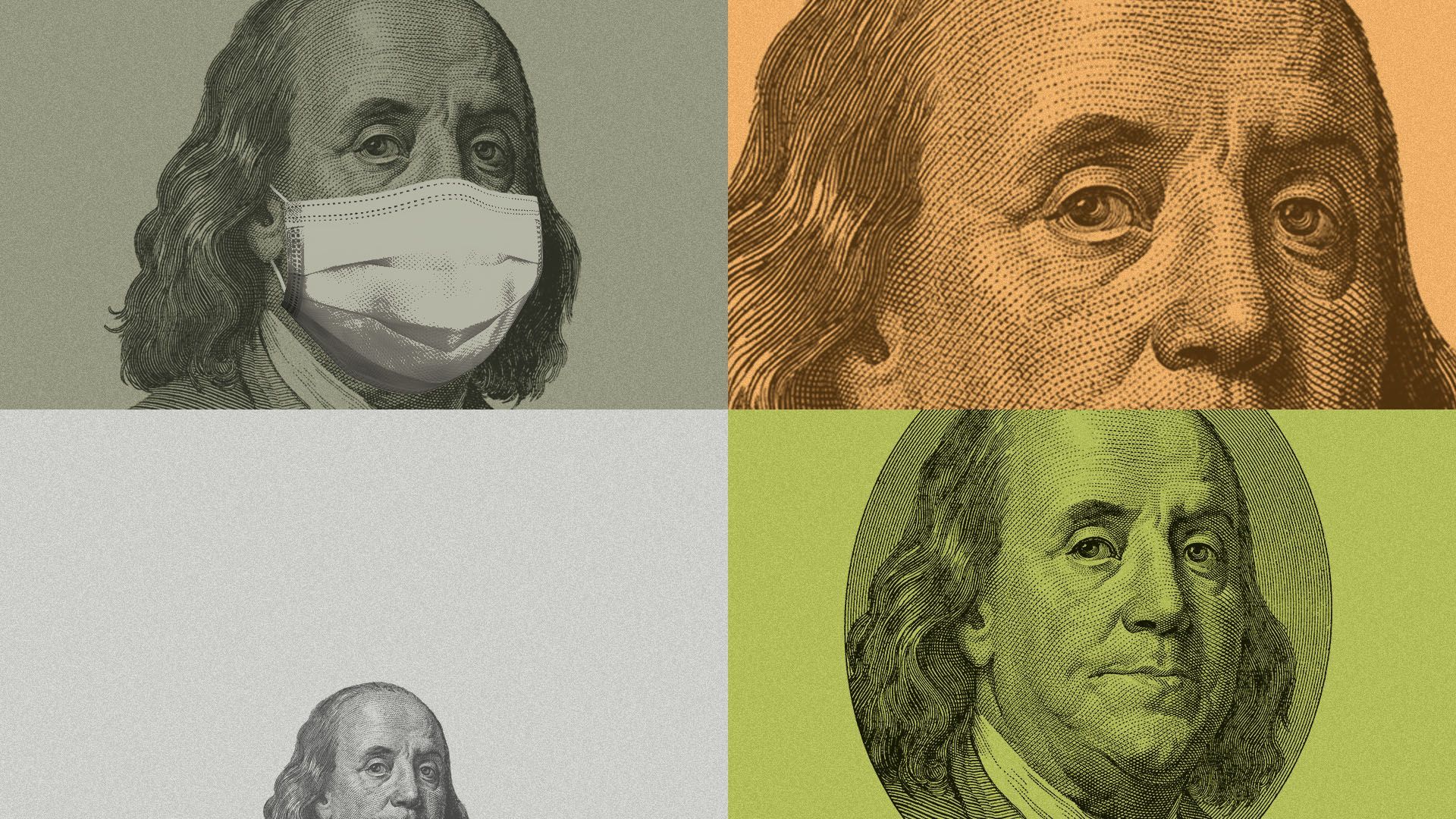 Illustration of Ben Franklin from a $100 bill in four quadrants wearing a mask, blown up large, shrunk down tiny, and looking normal