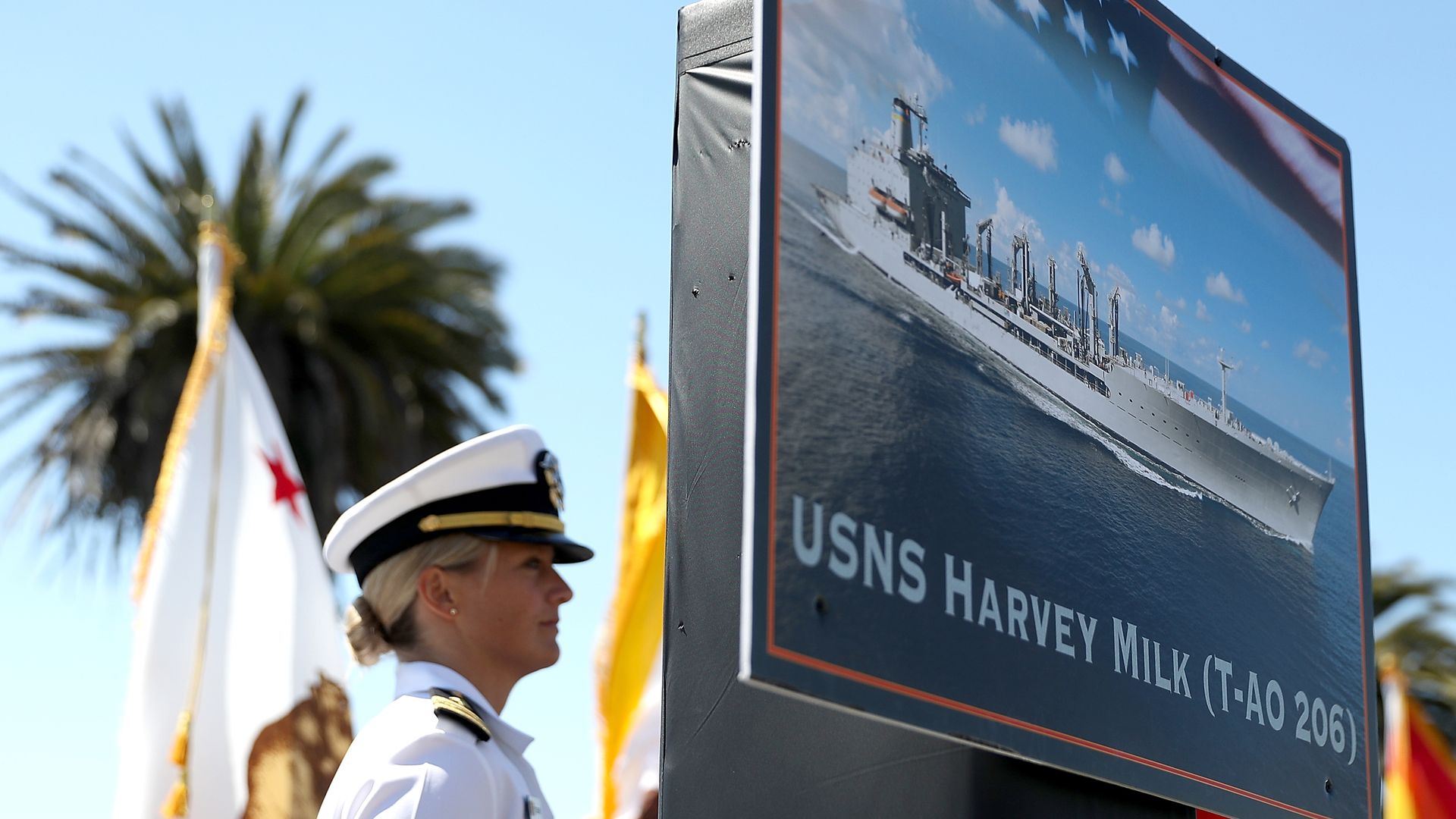 SAN FRANCISCO, CA - AUGUST 16: A photo of the new USNS Harvey Milk is displayed during a ship naming ceremony on August 16, 2016 in San Francisco, California. U.S. Navy officials announced plans to name a new replenishment oiler ship after slain civil rights leader Harvey Milk. Six new ships in the 