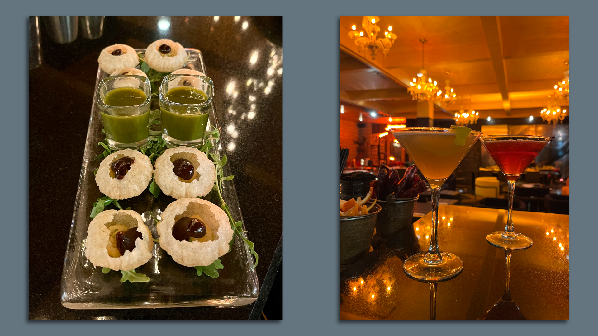 crunchy orbs on a plate and two cocktails in a bar 