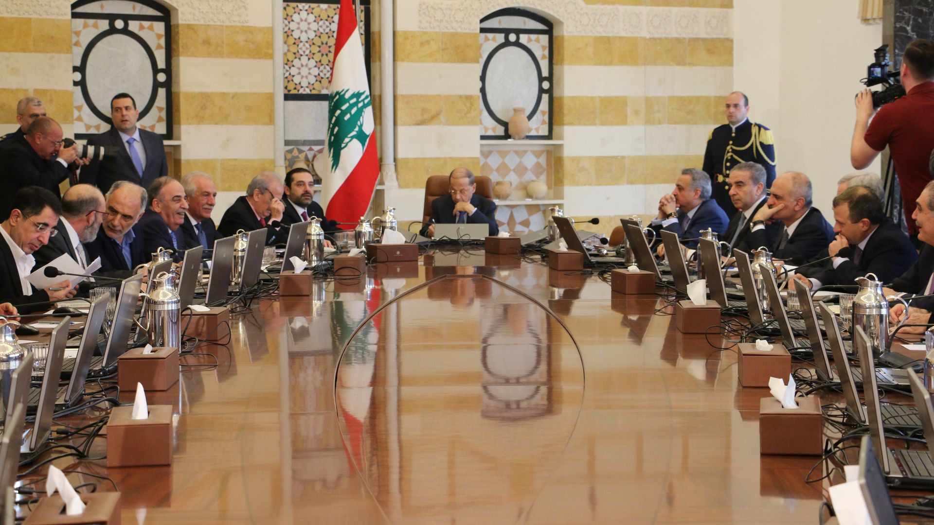 Lebanese President Michel Aoun and Prime Minister Saad Hariri attend a cabinet meeting.