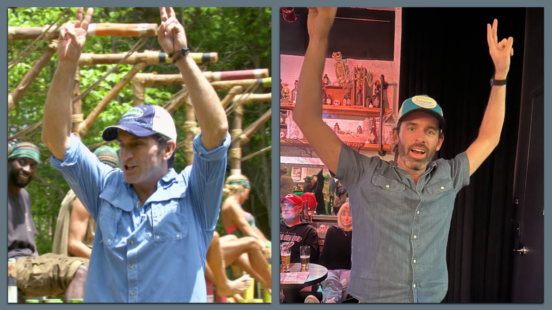 Side by side photos of Jeff Probst from "Survivor 29" and reporter Travis dressed as Jeff Probst, both holding up both hands with peace signs.