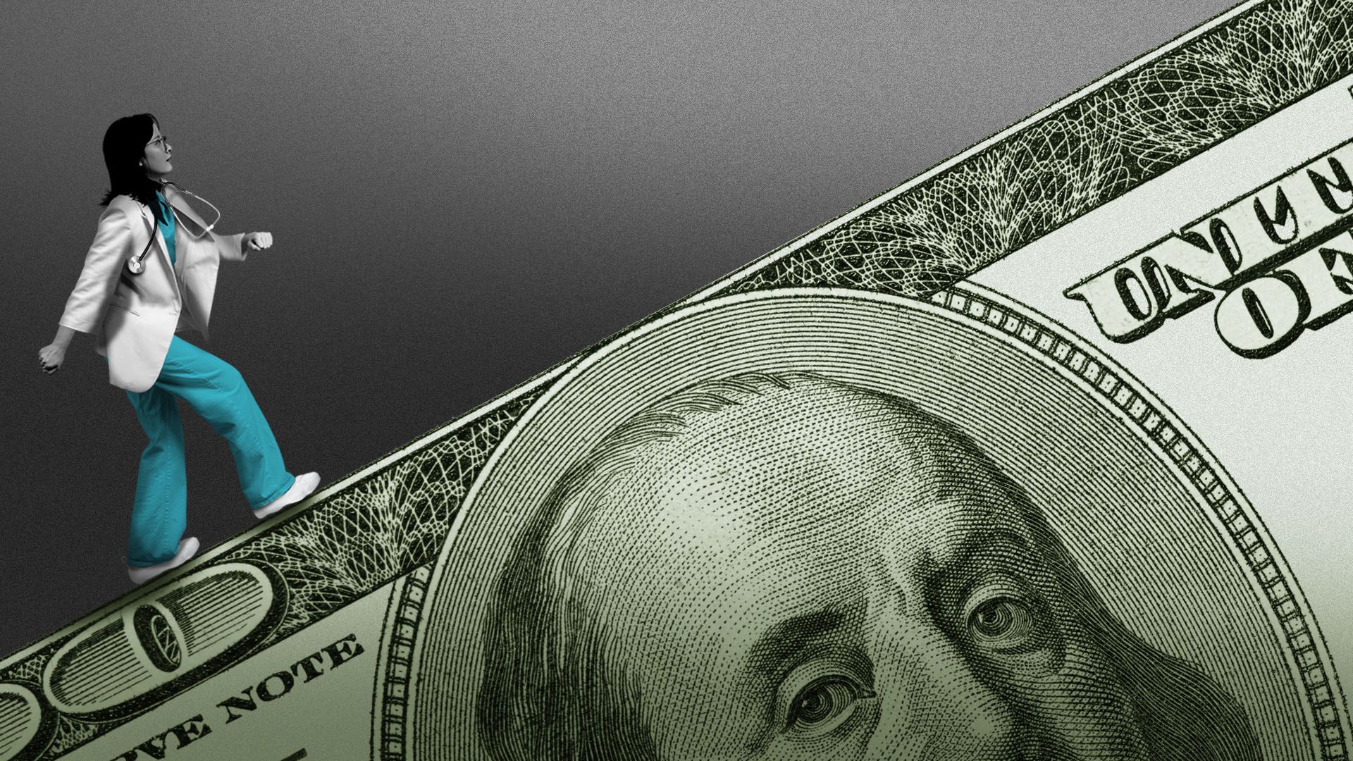 Illustration of a doctor trying to make her way up a sloped 100 dollar bill