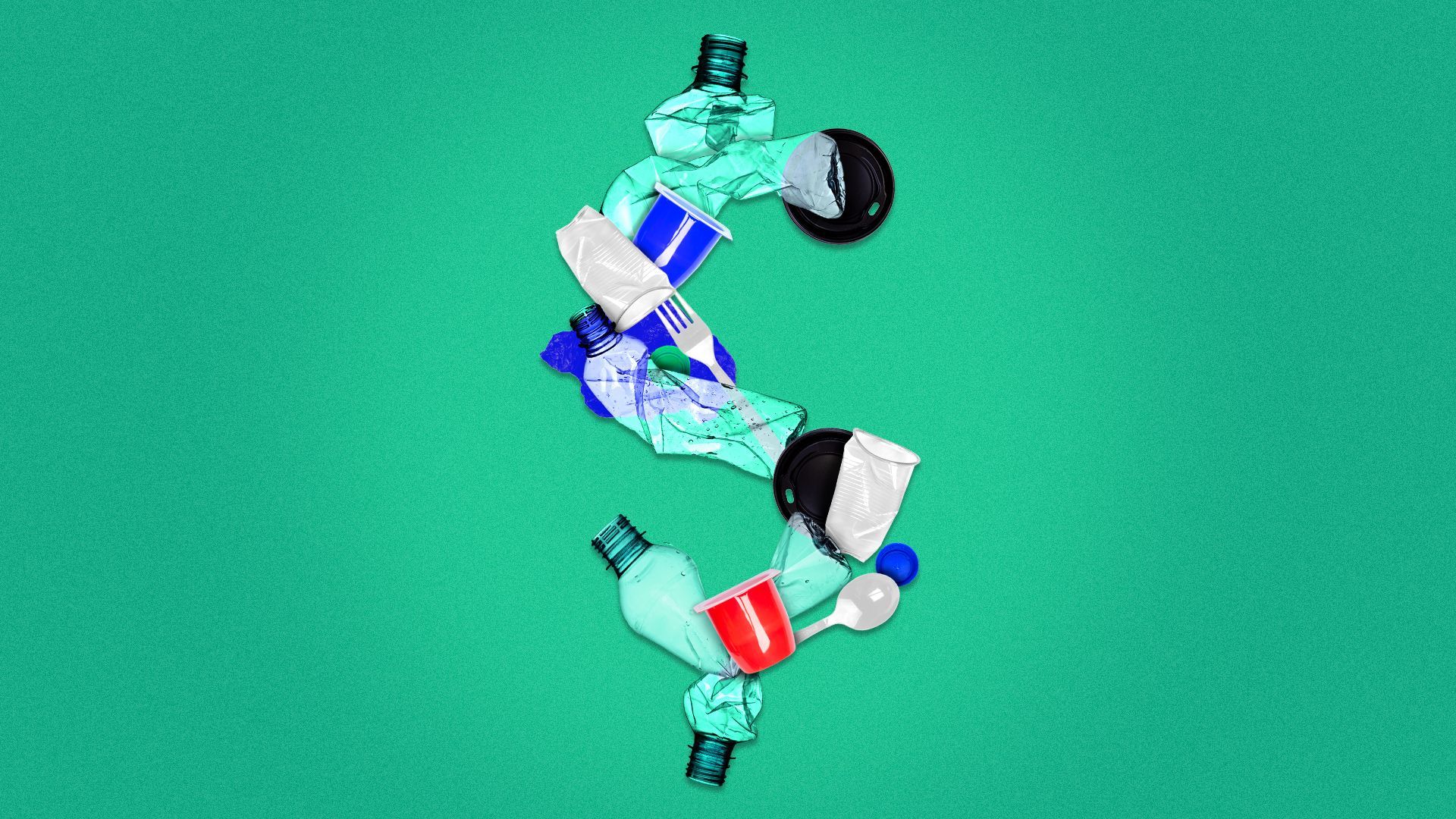 Illustration of a dollar sign formed by recycled plastic items.