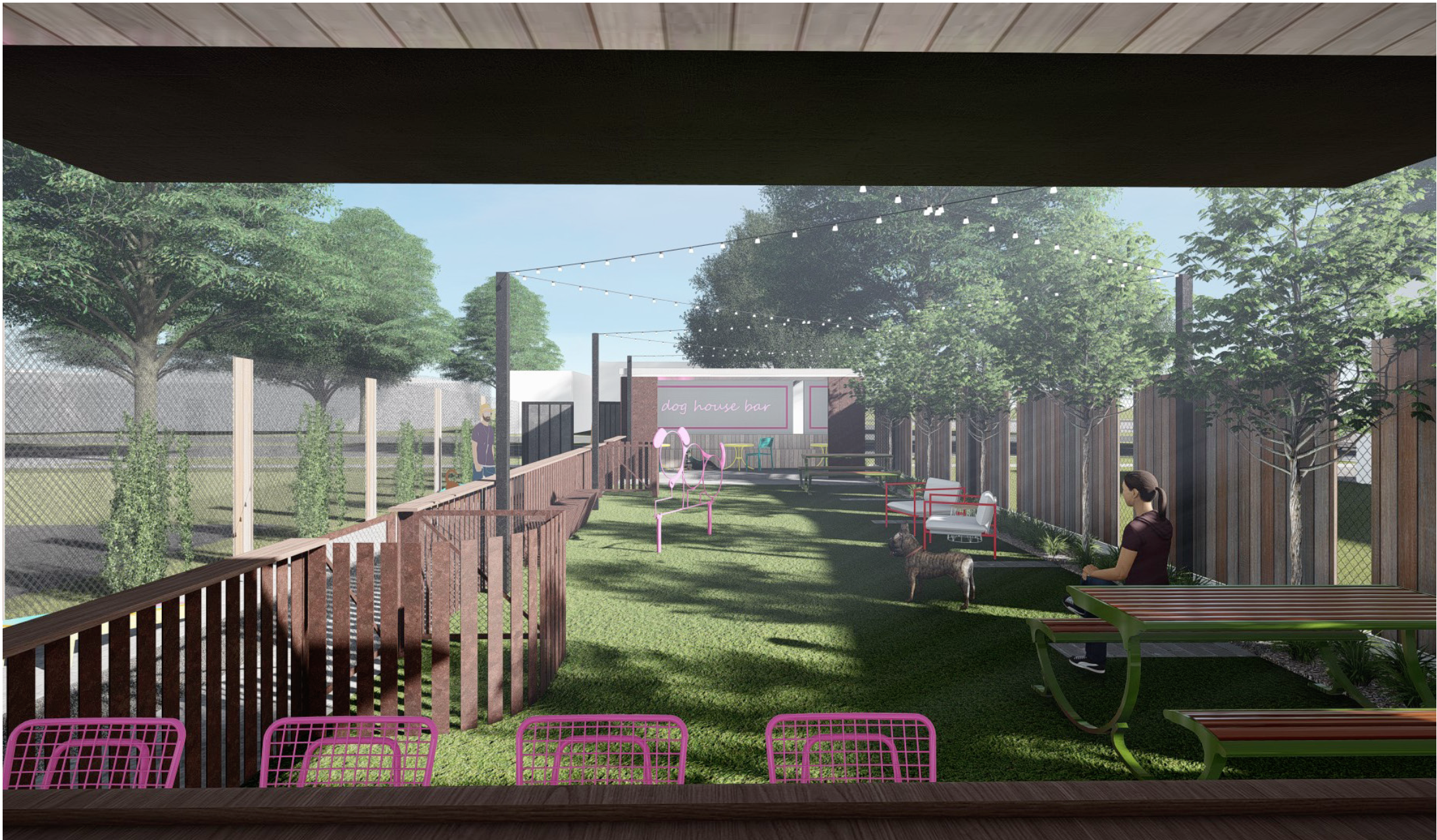 A rendering shows the view of a dog park from the inside of a bar. 