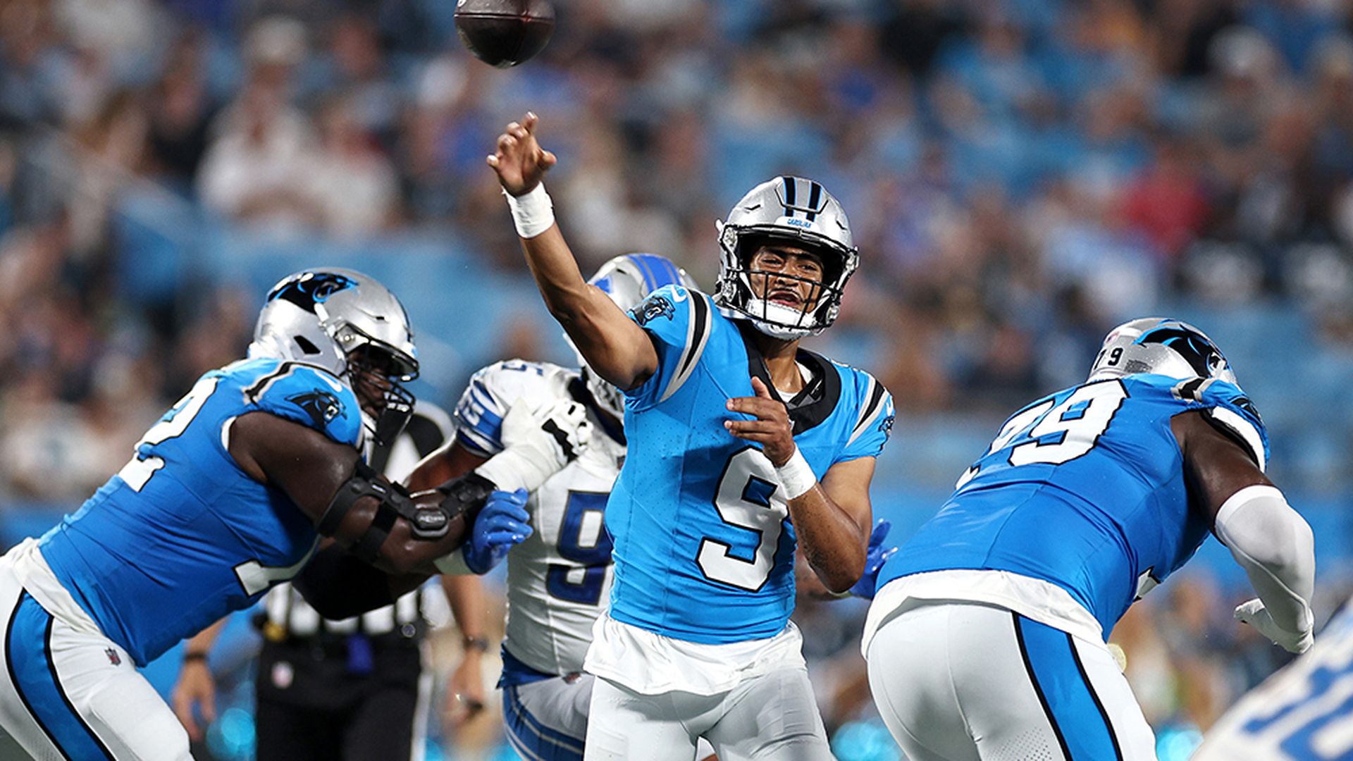 Rookie quarterback Bryce Young throws the ball against the Detroit Lions in the Carolina Panthers final preseason game. Photo: Jared C. Tilton/Getty Images
