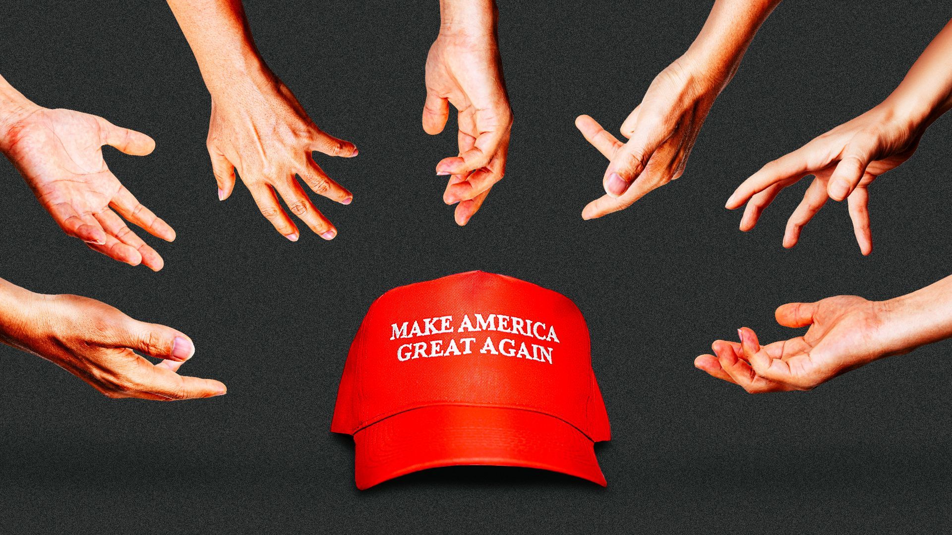 an illustration of many hands reaching for a make america great again hat