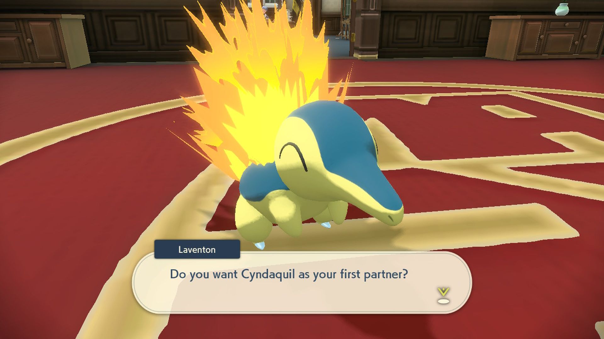 Video game screenshot of an anteater-like creature with flames on its back. A word balloon asks the player if they want to collect this creature.