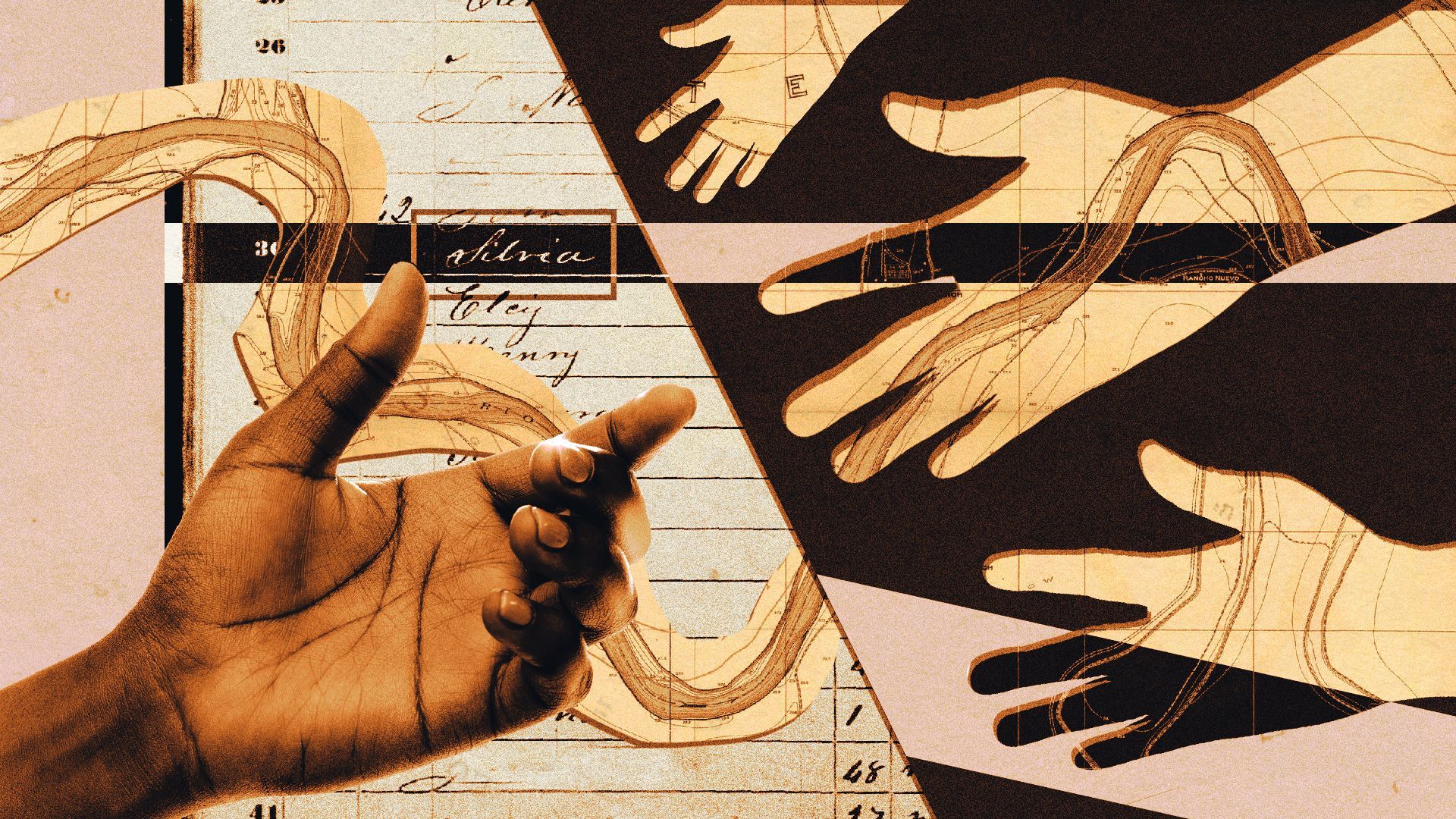 Photo illustration of a Black person's hand reaching towards silhouettes of hands, across a map of the Rio Grande and a ledger with the name "Silvia" highlighted.