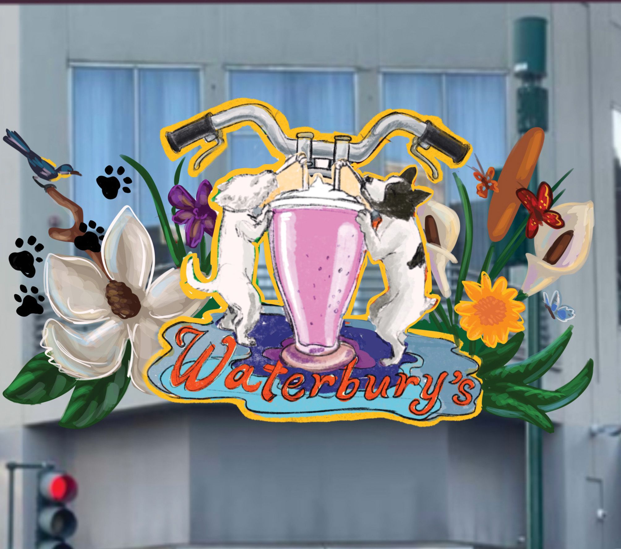 Two dogs drink out of a milkshake in an artist rendering for a building facade.