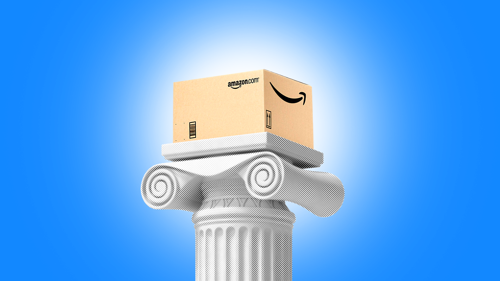 An Amazon package sitting atop a white classical pedestal