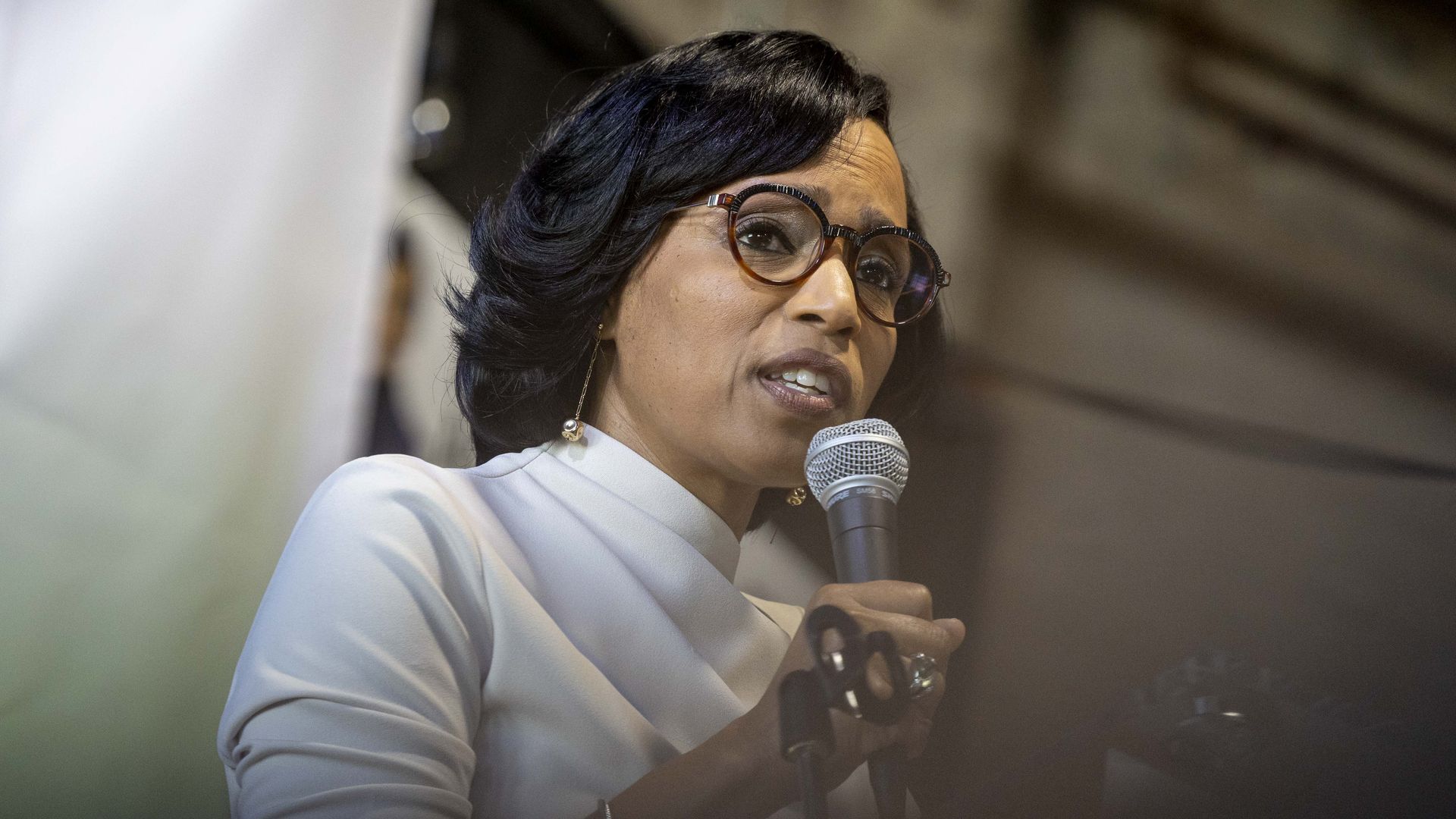 Angela Alsobrooks speaks during a campaign event for her run for the U.S. Senate at Monument City Brewing Company in Baltimore, Maryland, on October 23, 2023.