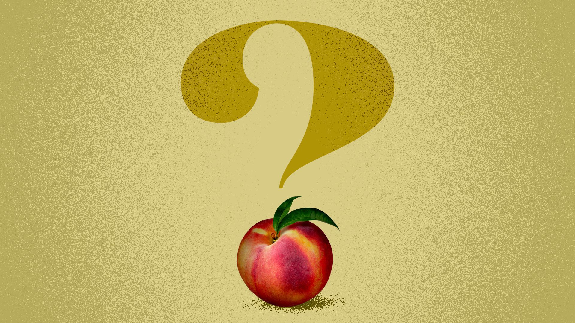 Illustration of a peach as the dot in a question mark. 