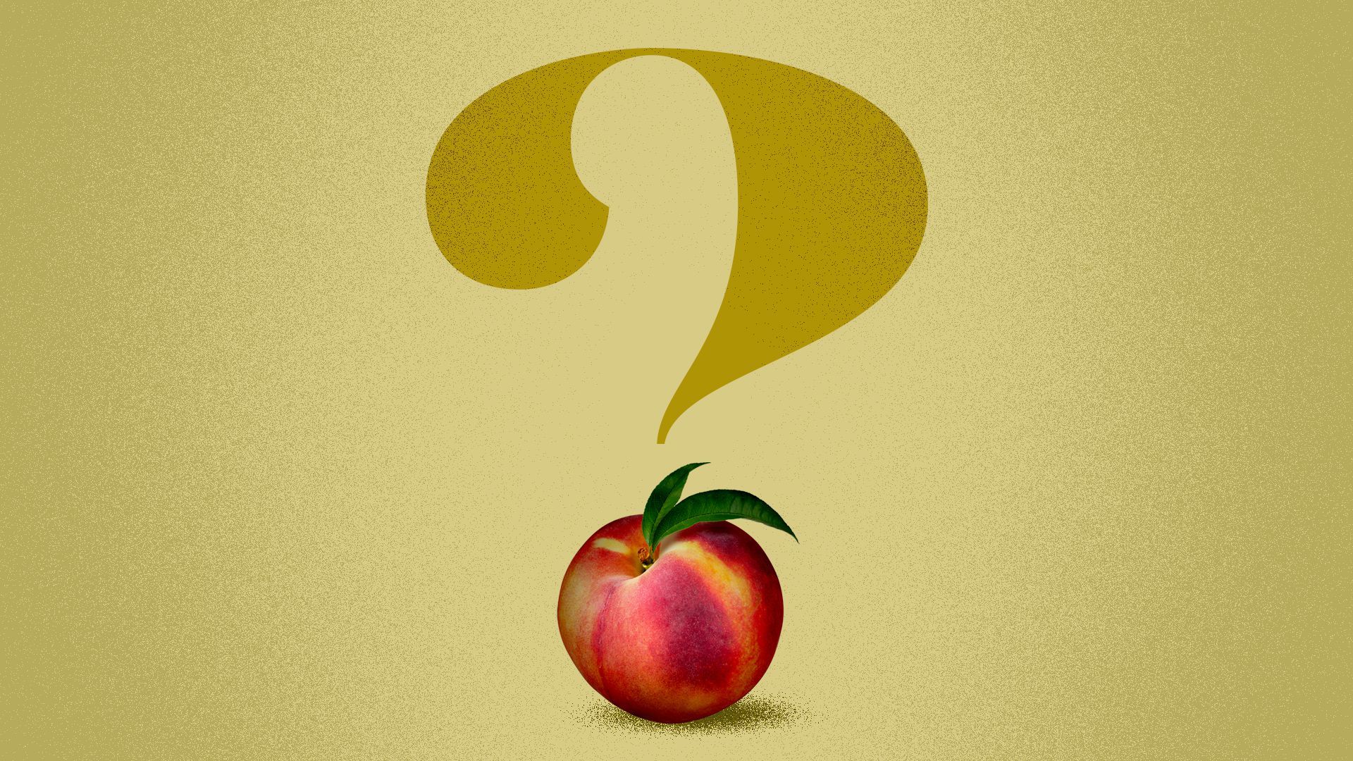 Illustration of a peach as the dot in a question mark. 