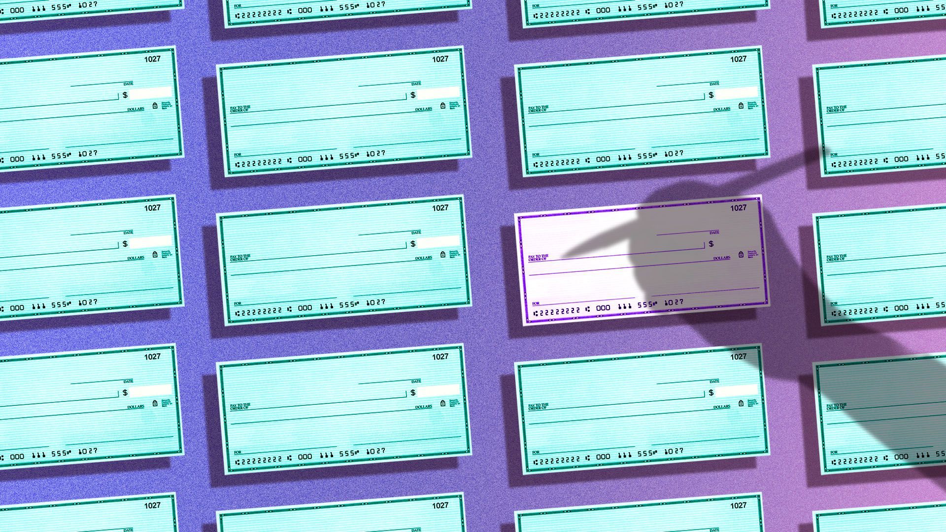 Illustration of a collection of checks with the shadow of a hand with a pen looming over one of them.
