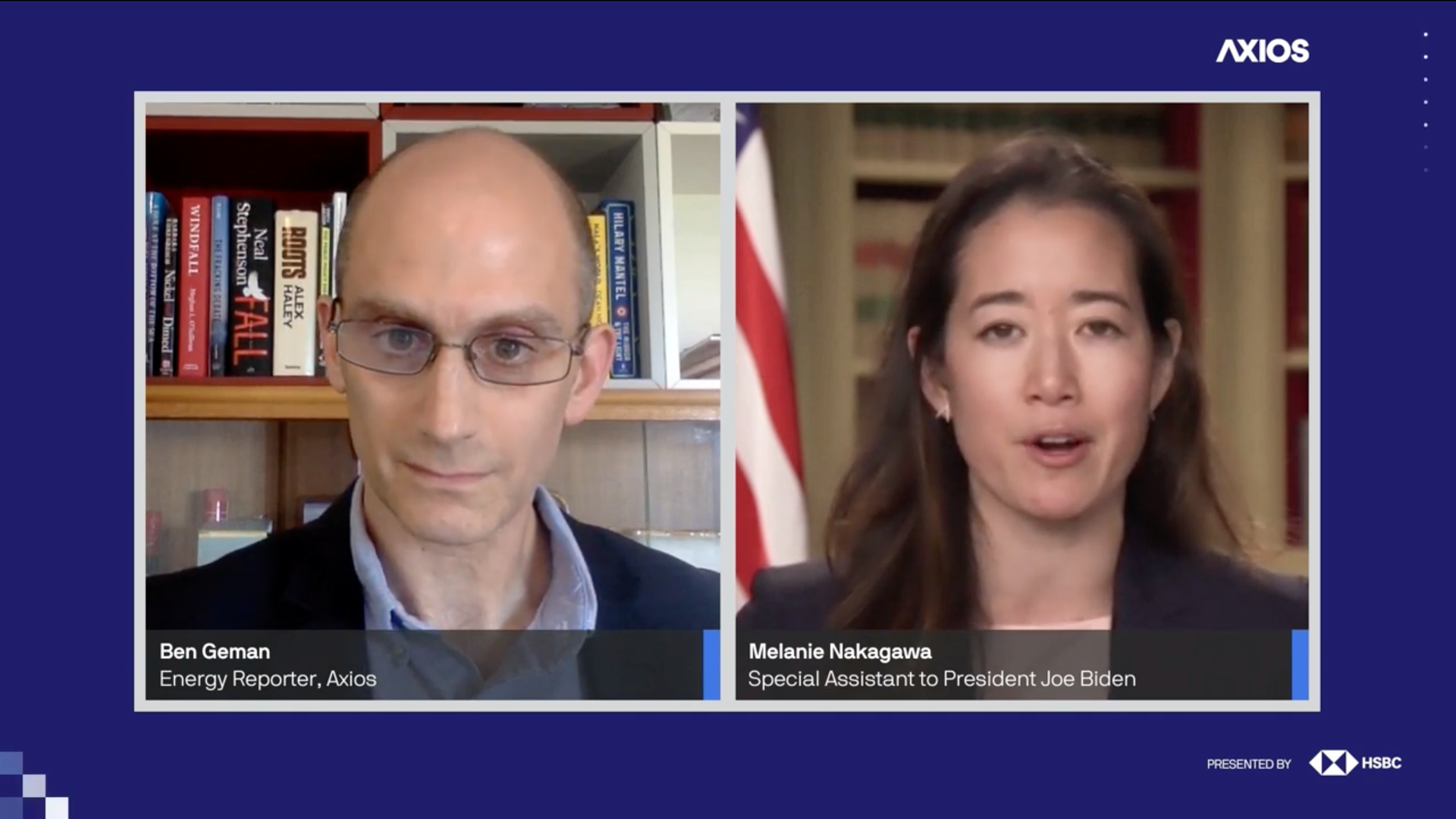 Screenshot taken from an Axios virtual event that has Axios' Ben Geman on the left and on the right, Melanie Nakagawa, Special assistant to president biden